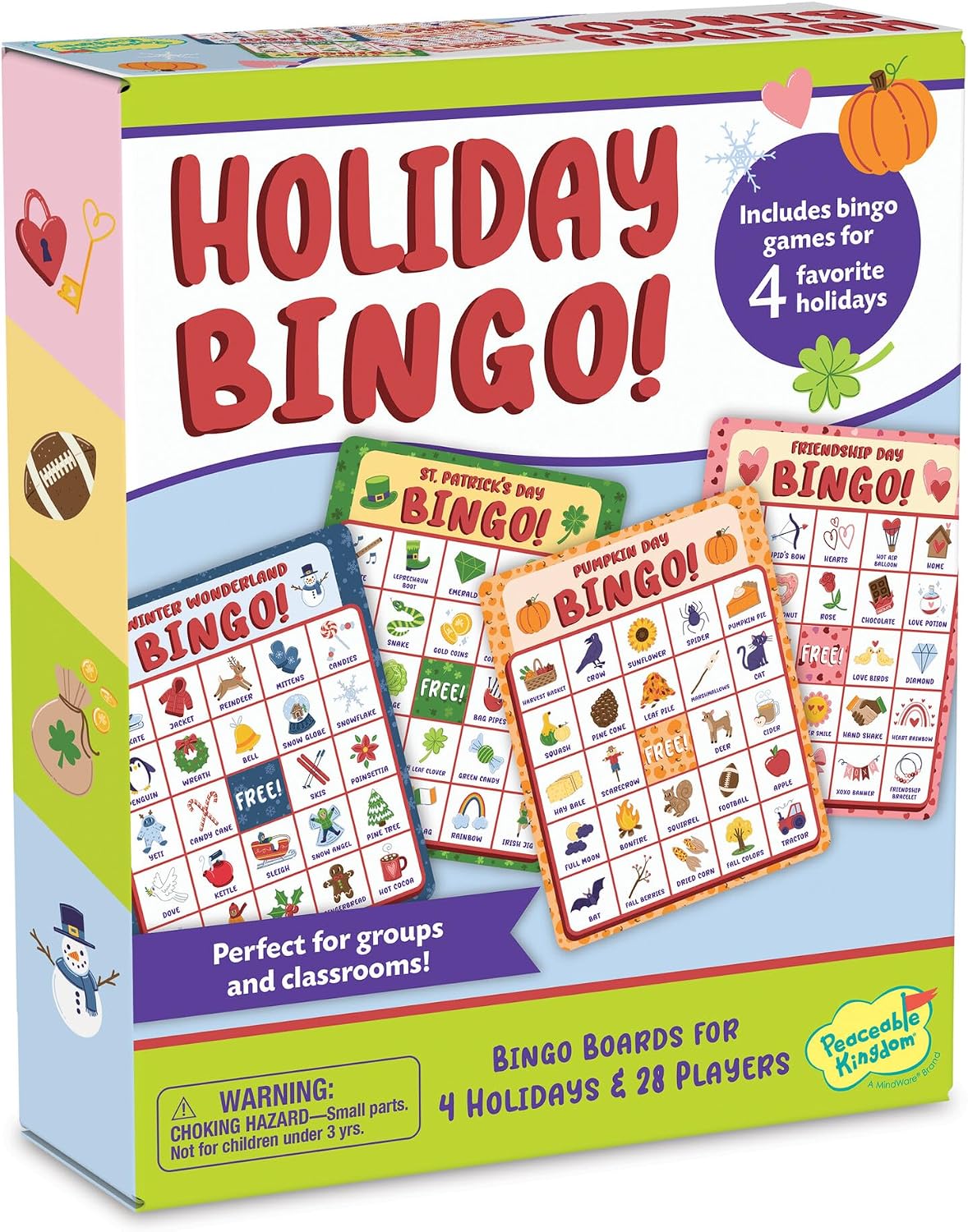 Peaceable Kingdom Holiday Bingo - 4 Holiday Themes, Up to 28 Players - Valentines Day, St Patricks Day, Halloween, & Christmas - Complete Bingo Set with Boards, Chips & Tokens