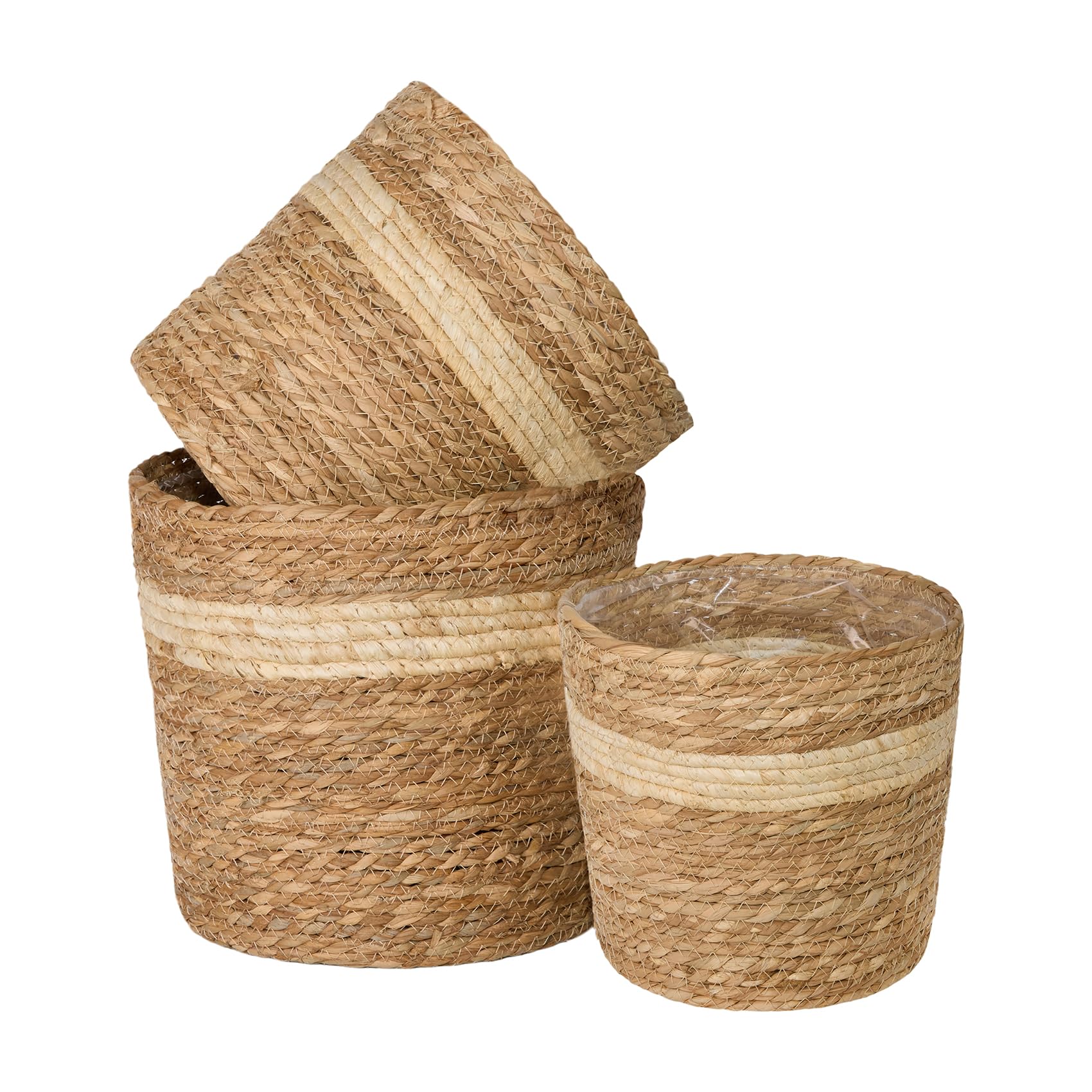 green leaves Natural Seagrass Indoor Planter Storage Basket Flower Pot with waterproof liner (Set (L+M+S))
