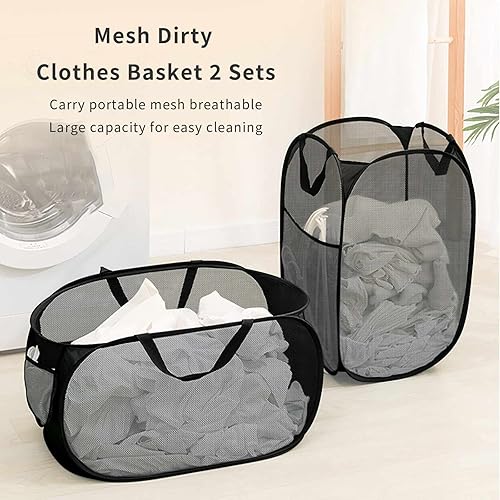 Miniatura 4 de DAWNTREES 2 cestas de lavandería desplegable, gran cesta de almacenamiento de malla plegable con bolsillo lateral, aplicable a lavandería, baño,