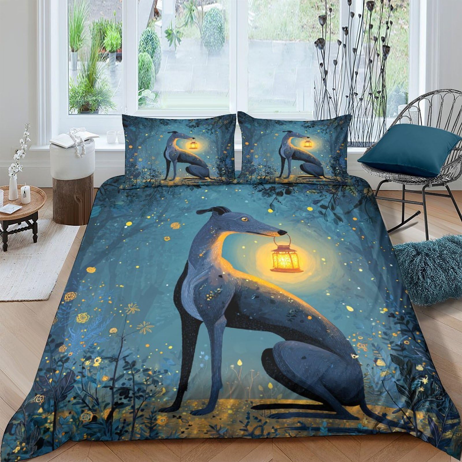 Ctjqhvkz Style-6 3D Printed Blue Night Greyhound Fitted Sheet Microfiber Soft Decorative Lantern Forest Mattress Cover For Bedroom Home Single（135X200cm）