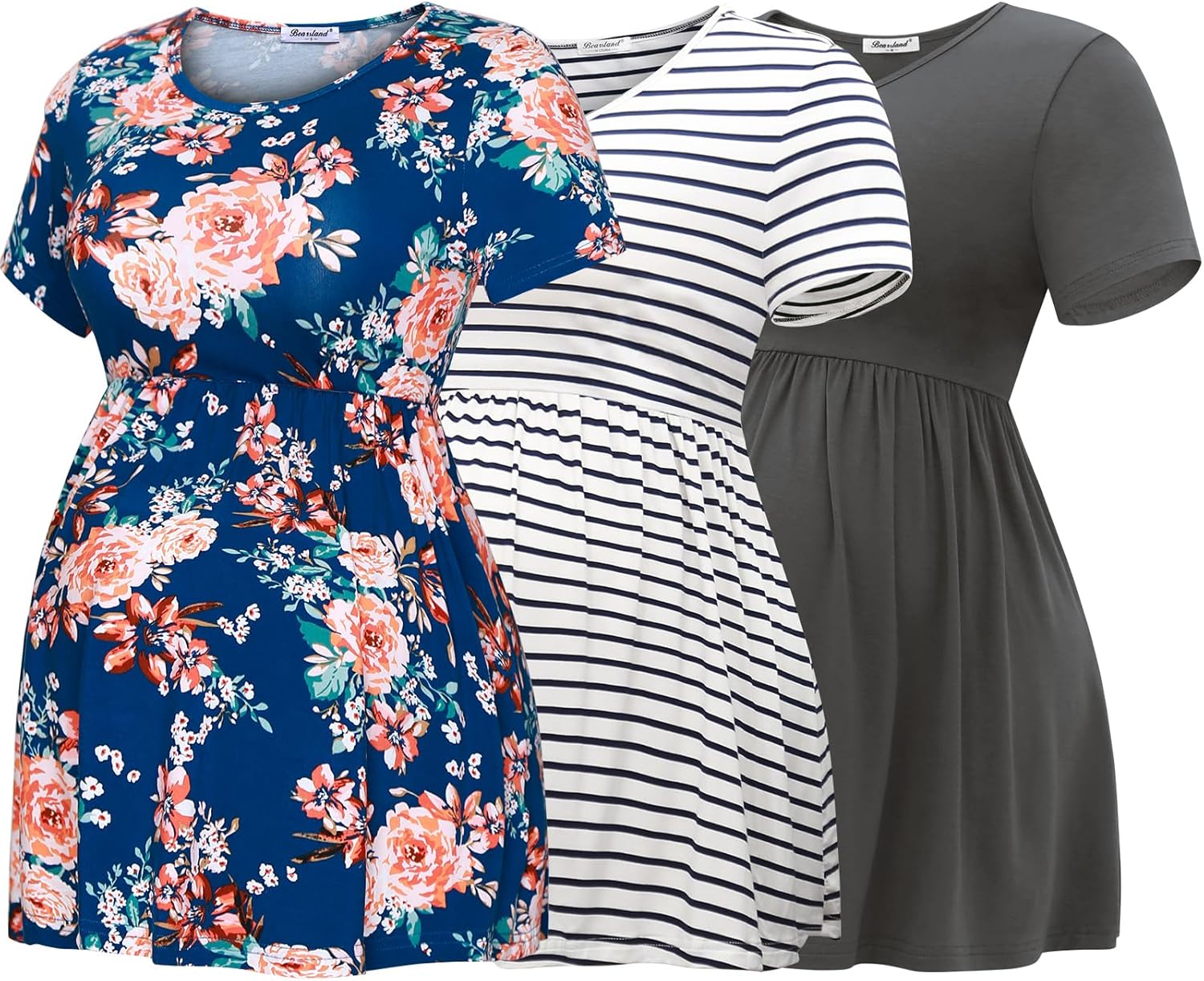 Bearsland Maternity Tops Short Sleeve Scoop Neck Breastfeeding Shirt Pregnancy Clothes Small Iron Gray&white Stripe&vivid Blue Print