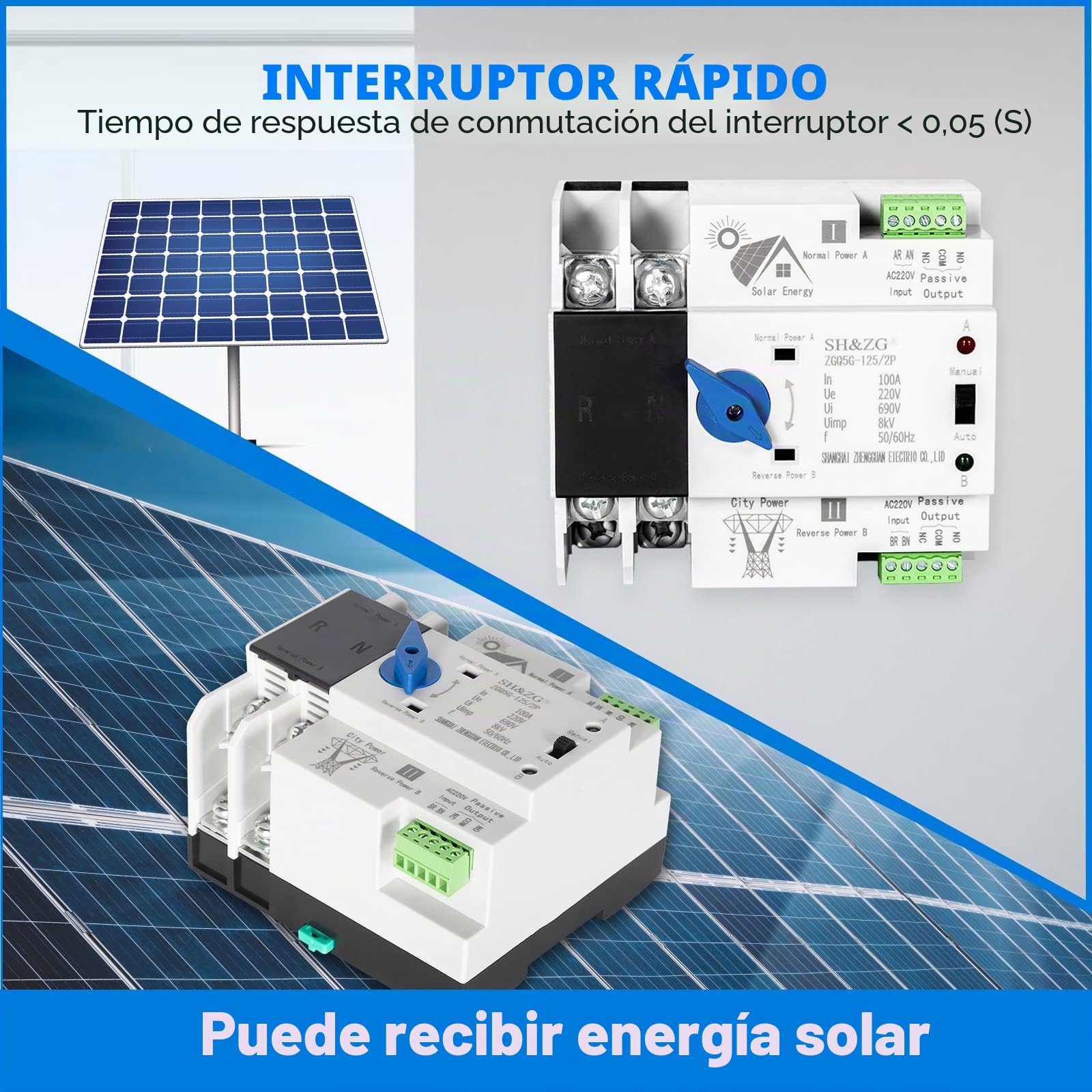 DEWIN Interruptor de Transferencia Automática, 2P 100A 220V ATS Fotovoltaico Interruttore Elettronico