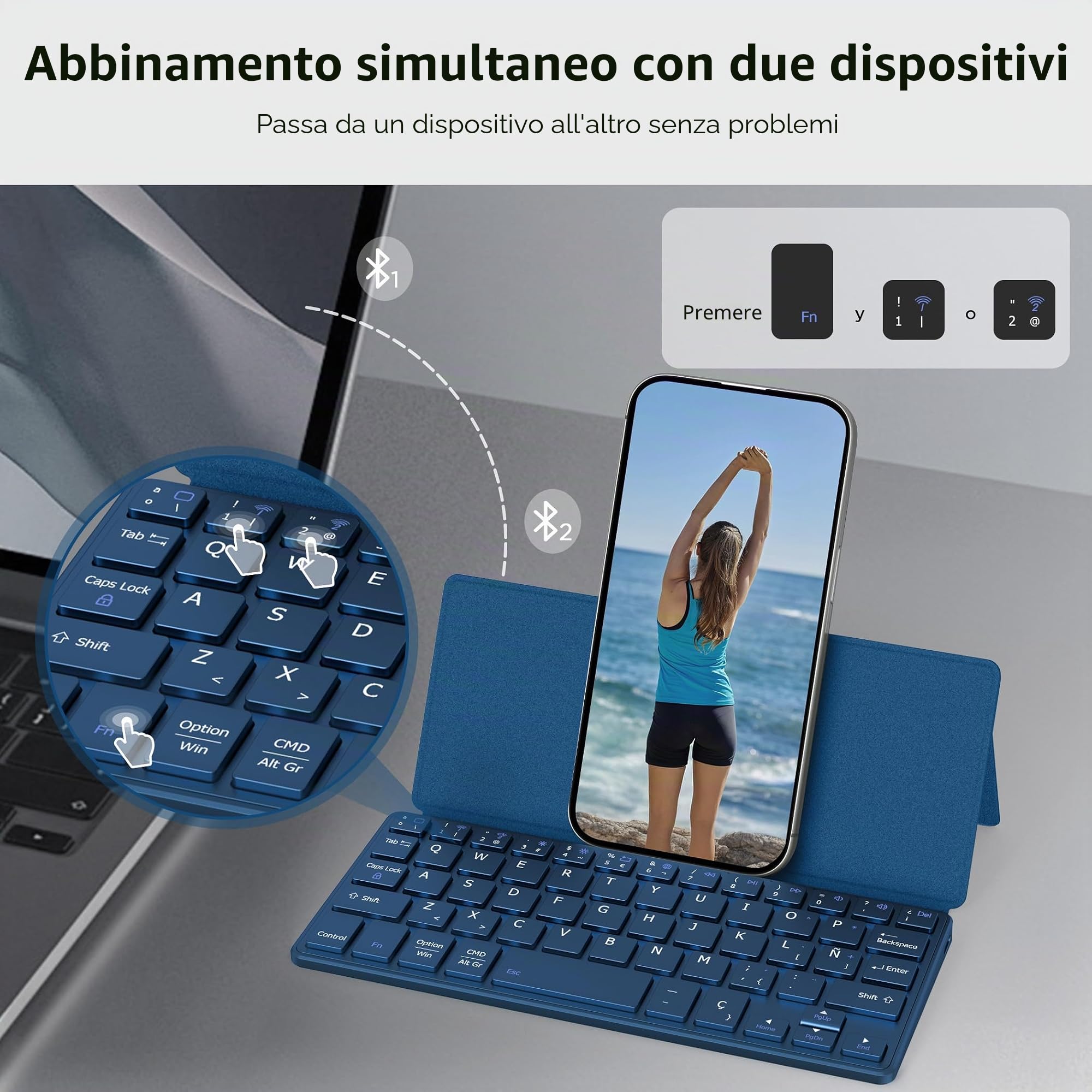 CACOE Tastiera Bluetooth con supporto, mini tastiera per telefono cellulare, tastiera portatile ultra piatta, pieghevole, doppio canale, per smartphone e più iOS Android Windows, blu mare