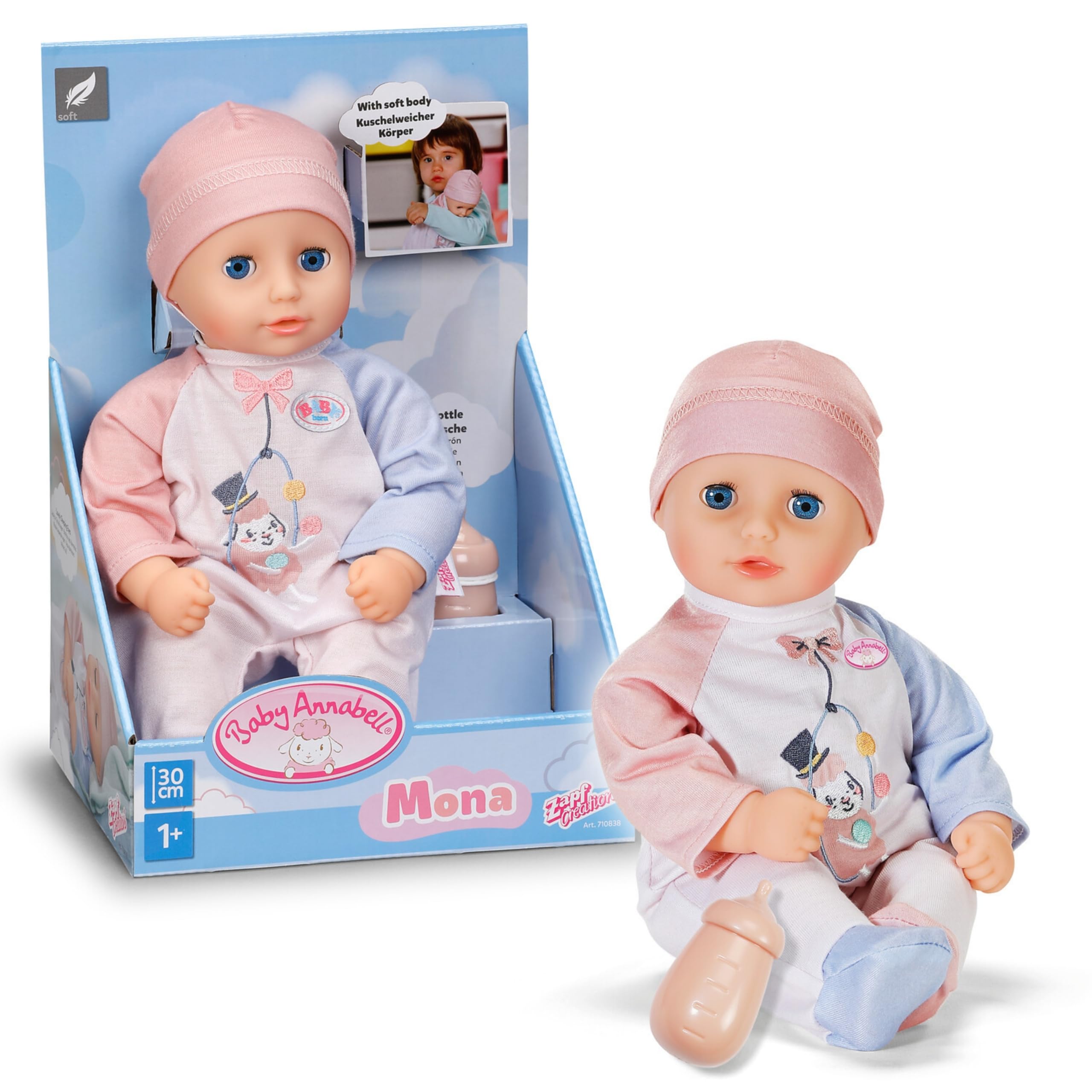 Baby Annabell Mona 30cm soft baby doll for toddlers - Soft body with Sleeping Eyes - Incl. bottle, hat & romper - First doll suitable for Children Aged 1+