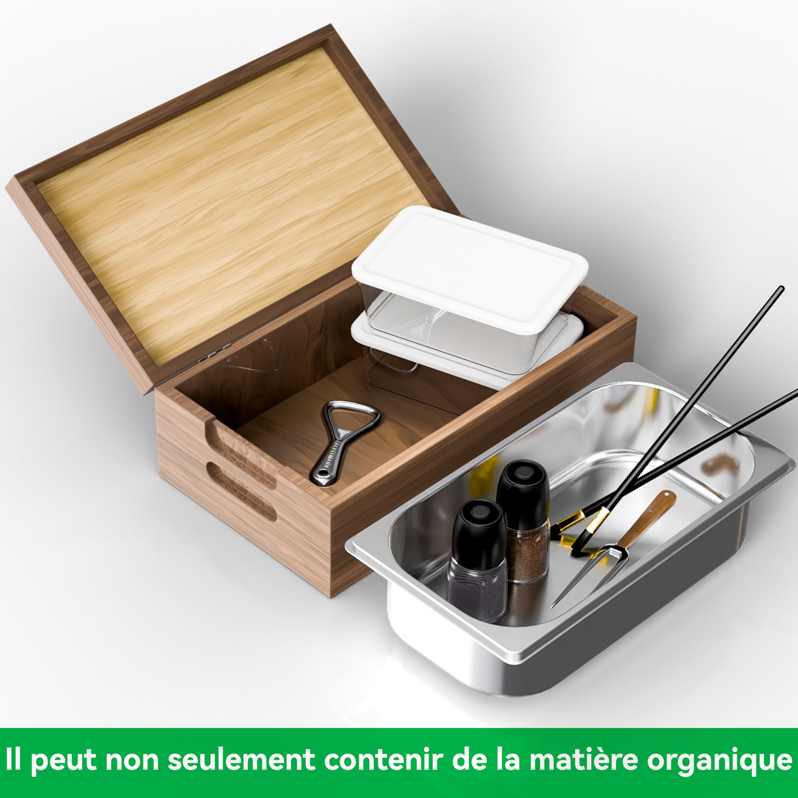 Poubelle de Cuisine 4L Bois véritable Acier Inoxydable Anti-odeurs pour déchets Alimentaires avec récipient intérieur Amovible Noyer