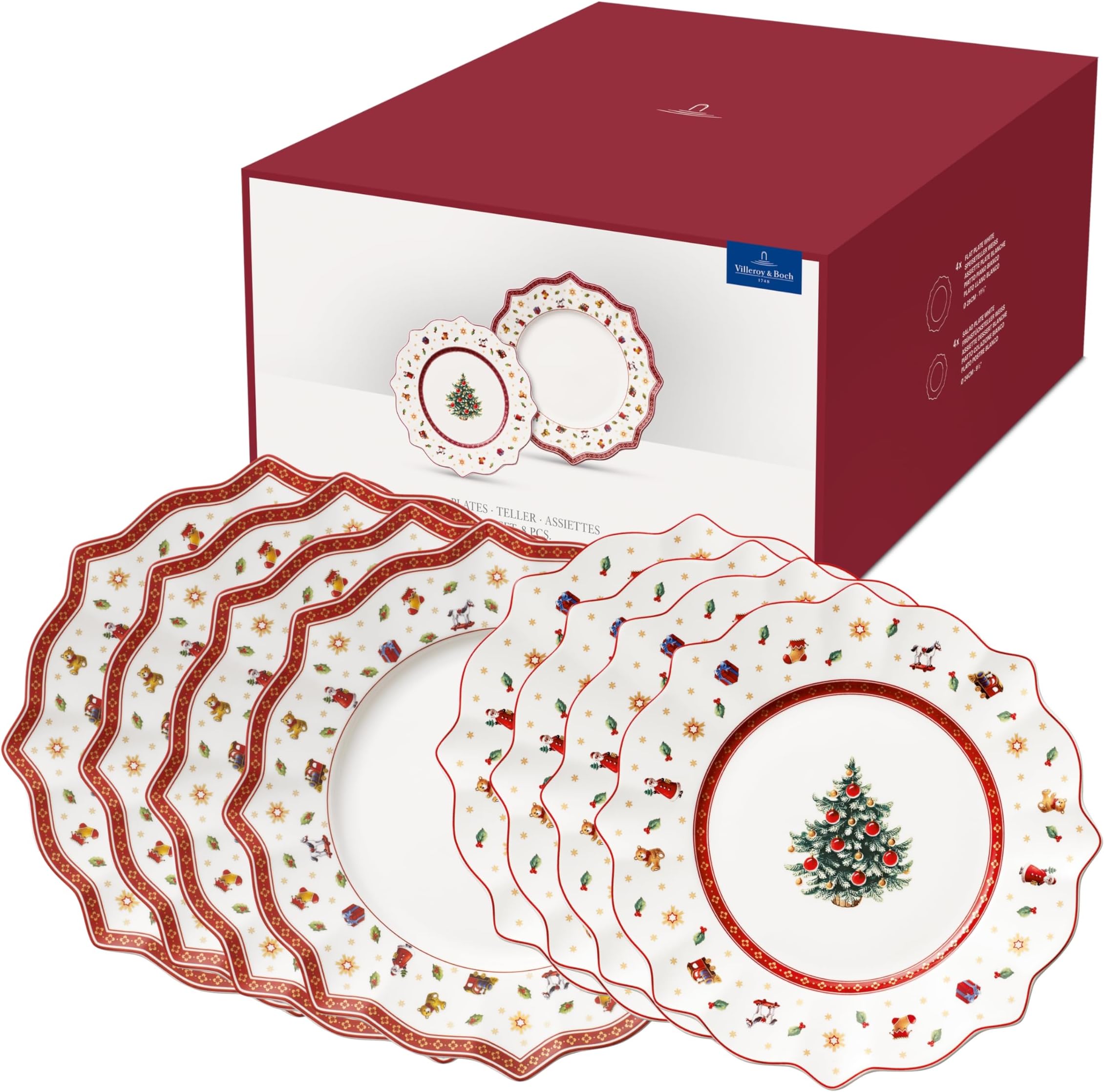 Toy's Delight Set of Plates 8 Pieces, Microwave Safe, Large Dinner Plates Christmas, Breakfast Plates Christmas, Xmas Toys, Premium Porcelain