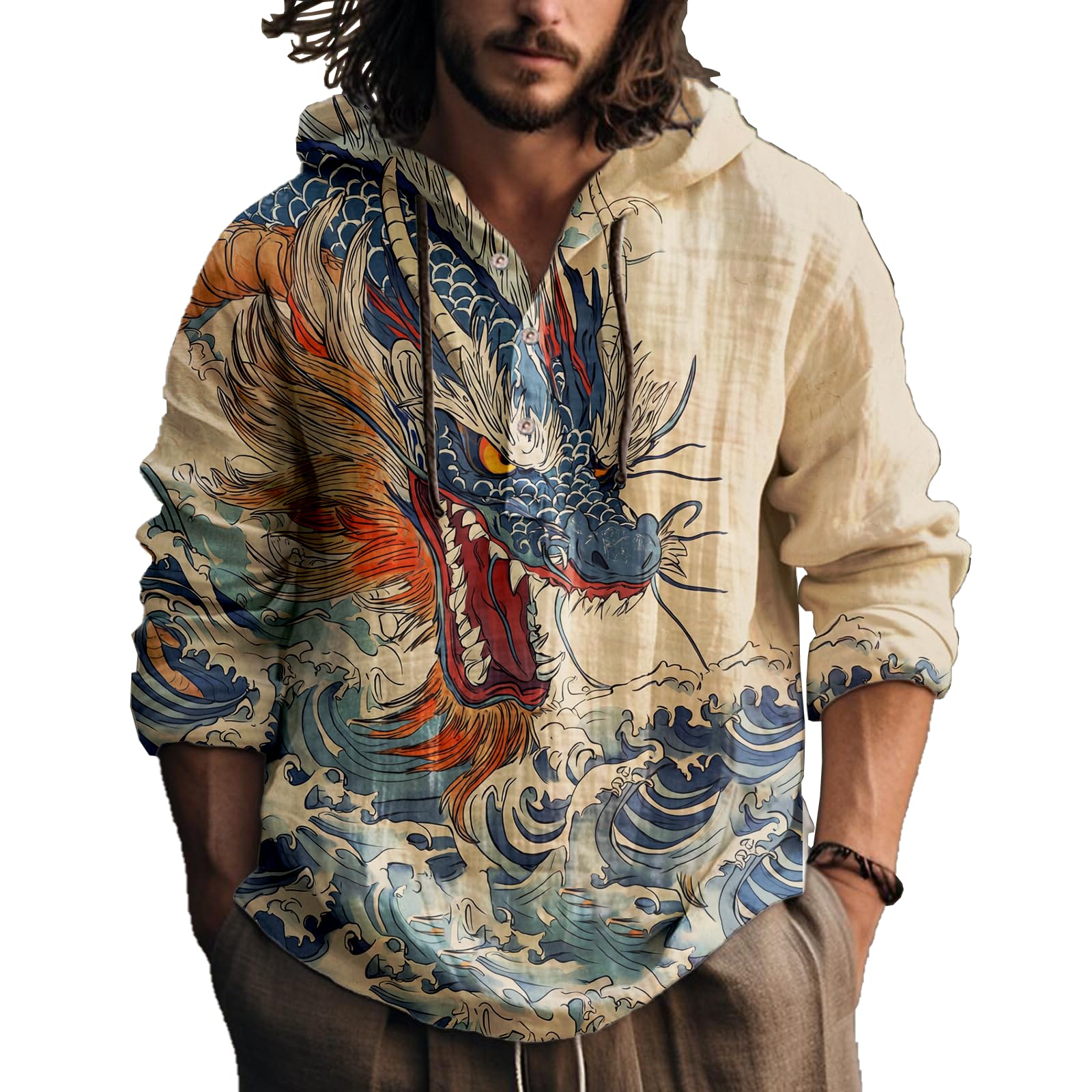 Graphic Long Sleeve Hoodies Shirts for Men Hooded Henley Casual Summer Shirts Lightweight Thin Fashion Hoodies