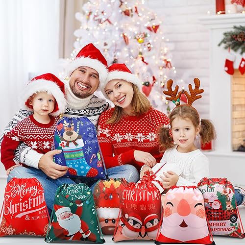 Miniatura 3 de Buryeah 32 bolsas de regalo de Navidad con cordón de 13.7 x 11.8 pulgadas, varios estilos, bolsas de envoltura reutilizables, Papá Noel, muñeco de