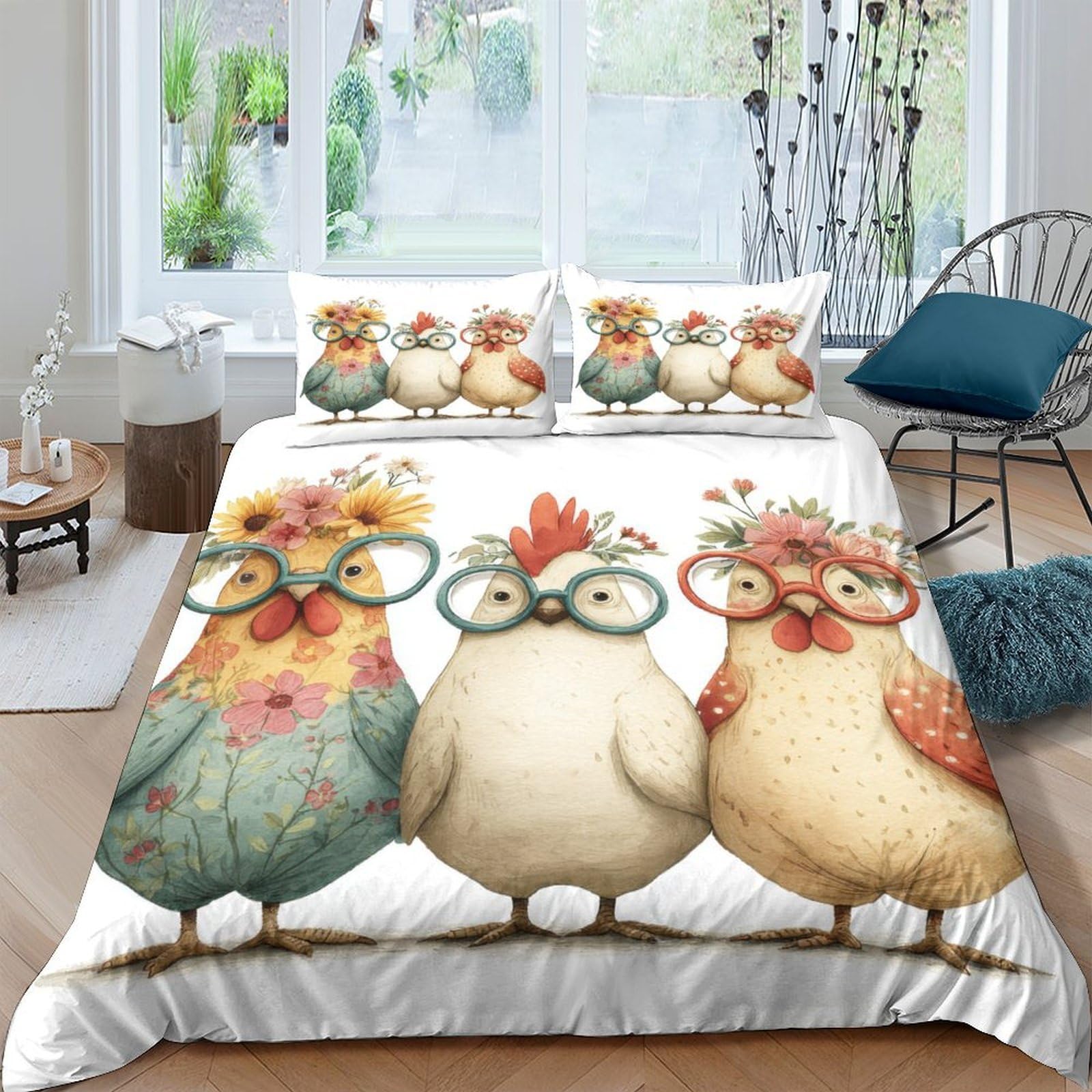 Ctjqhvkz Style-9 3D Printed Cartoon Chicken Fitted Sheet Microfiber Soft Animal Glasses Bed Cover For Bedroom Dorm Decor Single（135X200cm）