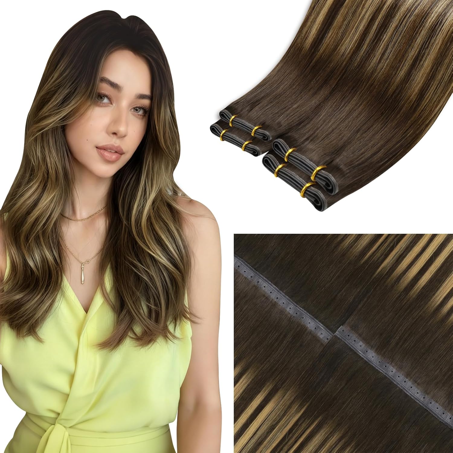 LaaVoo Butterfly Weft Hair Extensions Human Hair Balayage Brown 24 Inch 80g Weft Butterfly Hair Extensions with Micro Beads Look Daily Style Hair