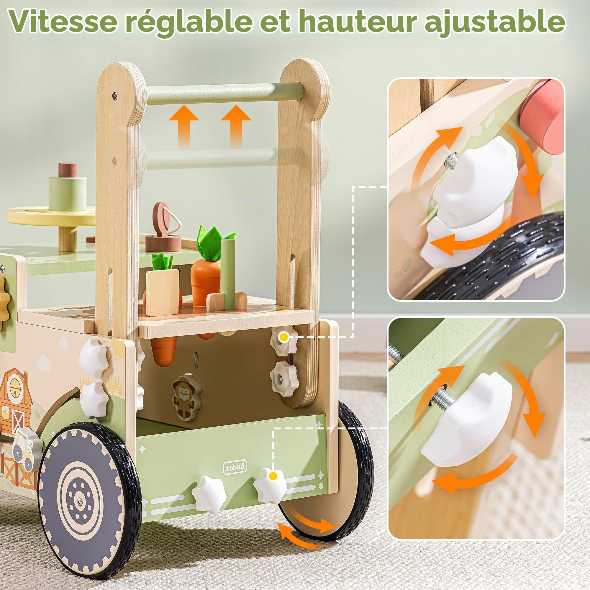 ROBUD Trotteur pour Bébé de 1 à 2 Ans, Trotteur En Bois à Roulettes Sur Le Thème De La Ferme, Jouet D'éveil Montessori Cadeau Pour Bébés de Plus 10 Mois (Vitesse Et Hauteur RéGlables)