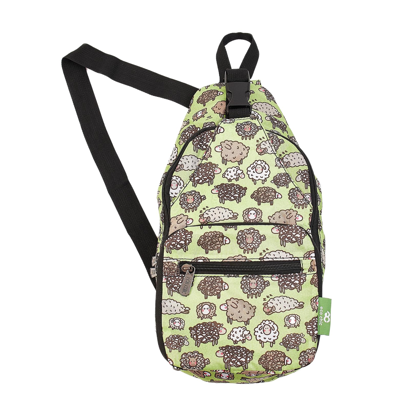 Eco Chic Unisex Cute Sheep Green Lightweight Foldable Crossbody Bag Recycled Plastic Shoulder Backpack Folds Into Pouch For Storage (Cute Sheep Green)