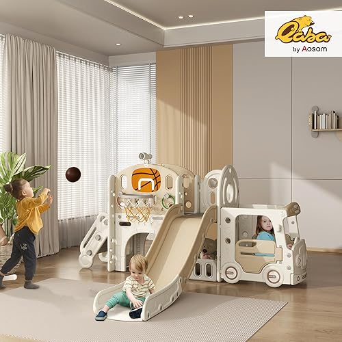 Miniatura 2 de Qaba Tobogán 9 en 1 para niños de 1 a 6 años, tobogán para bebé con temática de automóvil con aro de baloncesto, escalador, espacio de