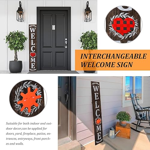 Vista 14 de Letrero de bienvenida intercambiable para porche delantero, 47 x 8 pulgadas, grande, colgante de madera, con 16 iconos reemplazables, vertical