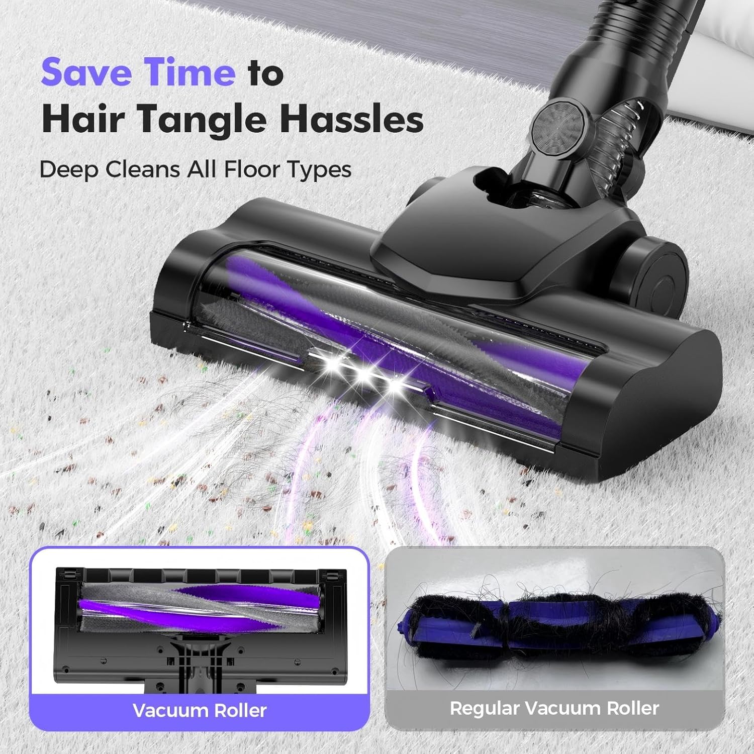 YKYI Cordless Vacuum Cleaner, 40KPa Suction 450W Motor with 2 Modes, 50-Min Runtime & Foldable Design, Cordless Stick Vacuum with LED Display for Home Hard Floors/Pet Hair(Royal Purple) - Image 5
