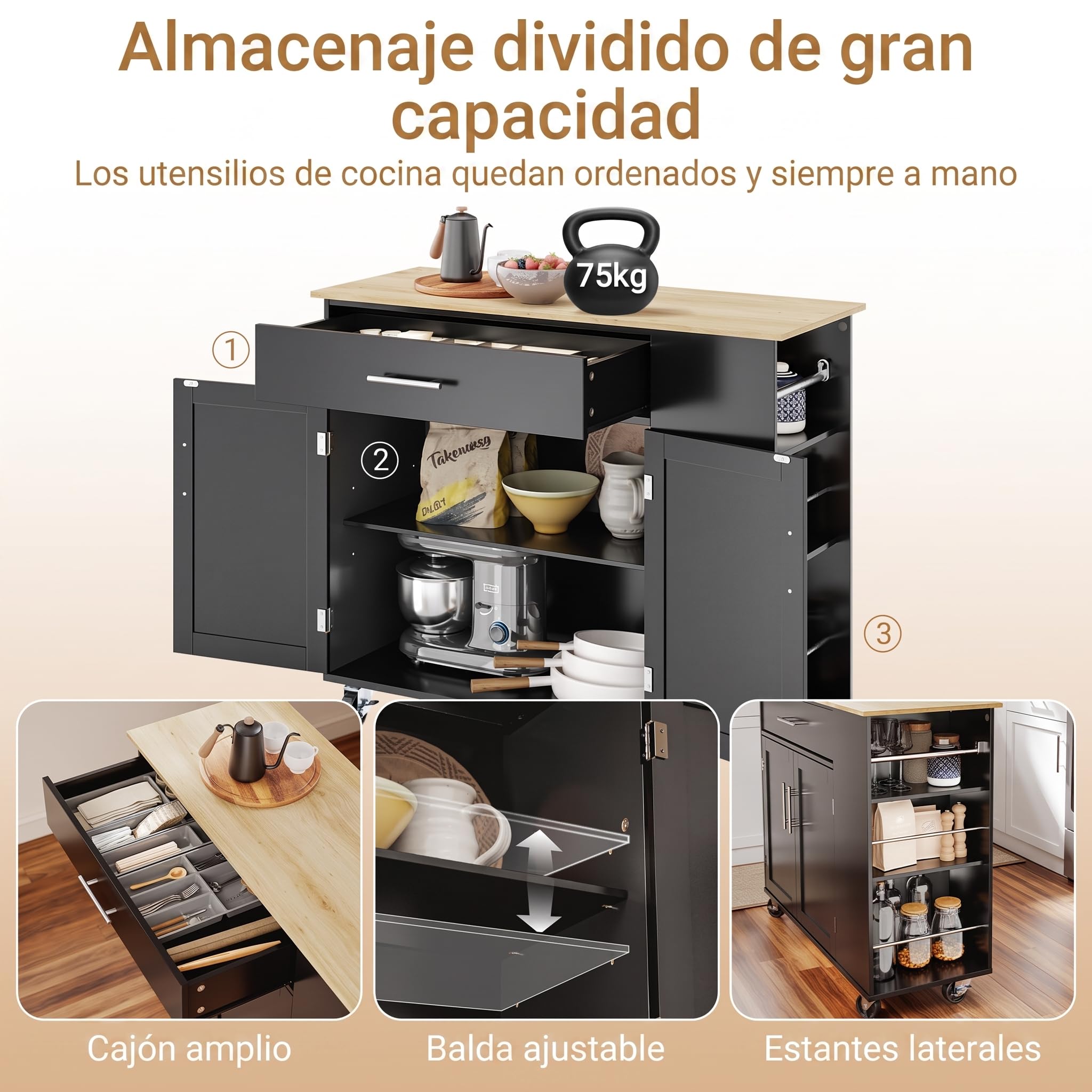 SoBuy Mueble Auxiliar de Cocina con Ruedas y 3 estantes 99x40x84,3 cm | Isla cocina con gran encimera de madera, 75 kg de carga, cajón y armario de 2 puertas, MDF/PB, para cocina, FKW133-SCH