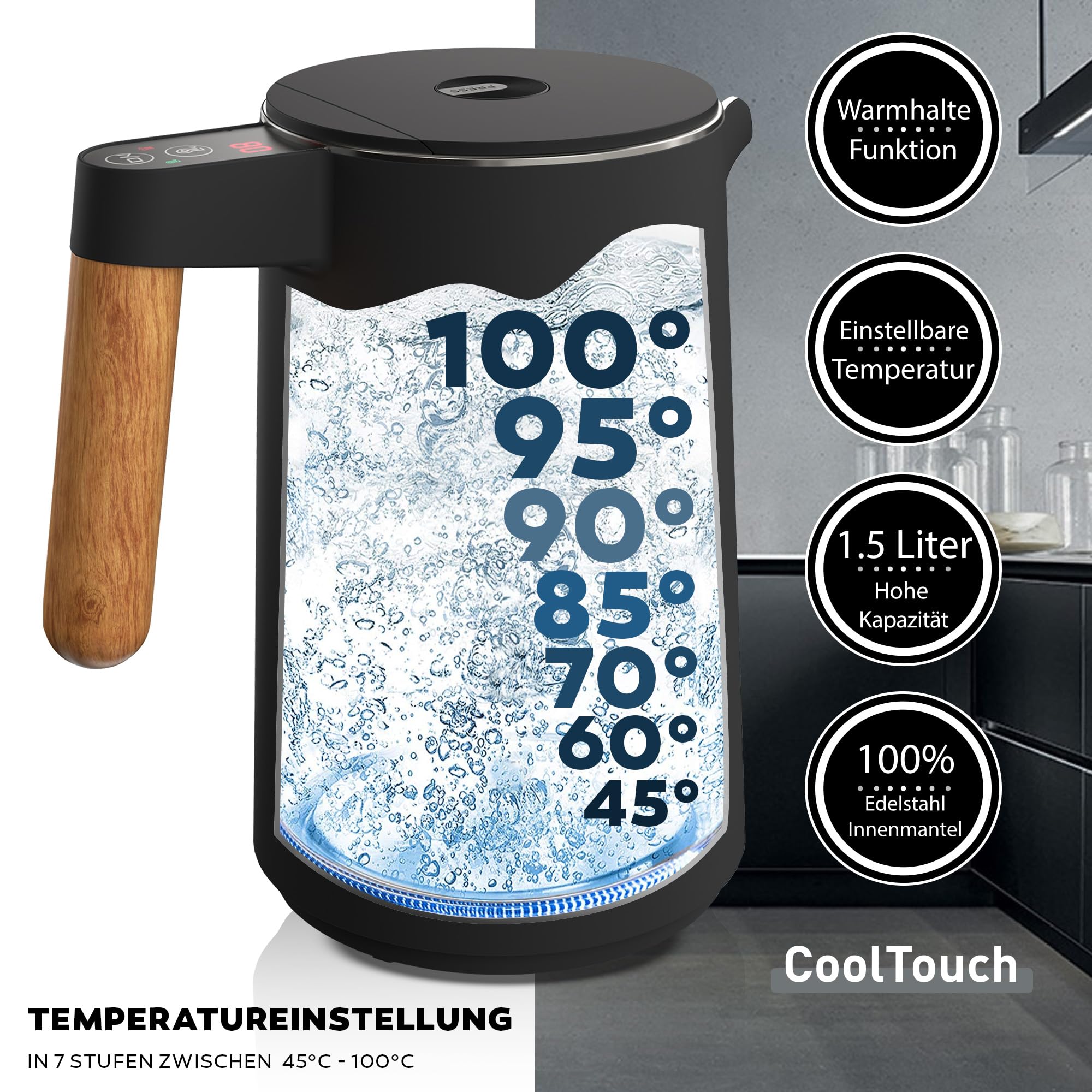 BALTER Czajnik elektryczny ze stali nierdzewnej z regulacją temperatury, 45°C-100°C, podwójna ścianka, bez BPA, cichy i bezprzewodowy, funkcja utrzymania ciepła, zaparzacz do herbaty ze wskaźnikiem