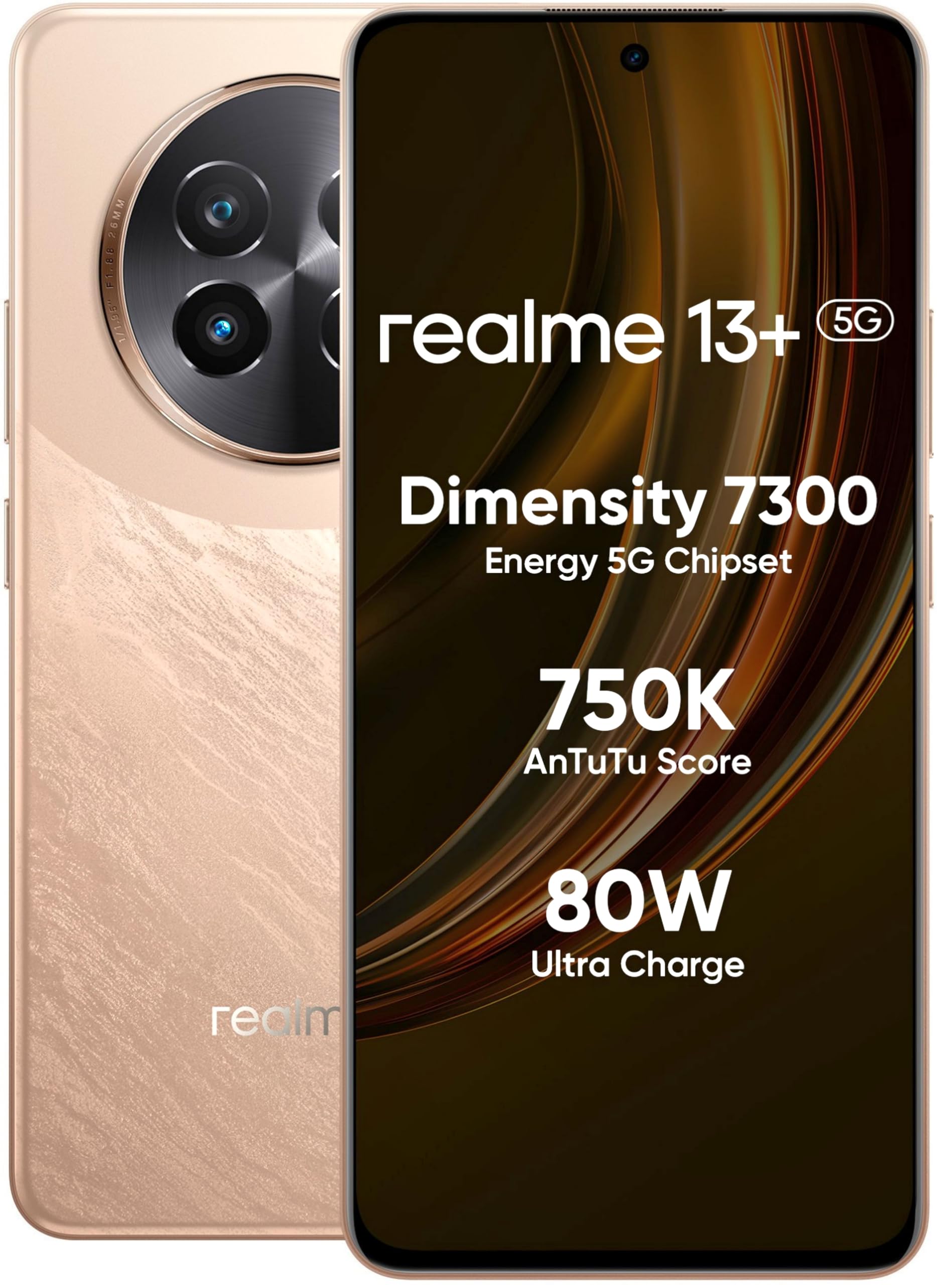 realme 13+ 5G (Victory Gold, 8GB RAM, 256GB Storage) | Expandable Upto 2TB | Up to 18GB Dynamic RAM | 50MP AI Dual Camera | 6.67" AMOLED Display | 80W Ultra Charging DAK | Dimensity 7300E Processor