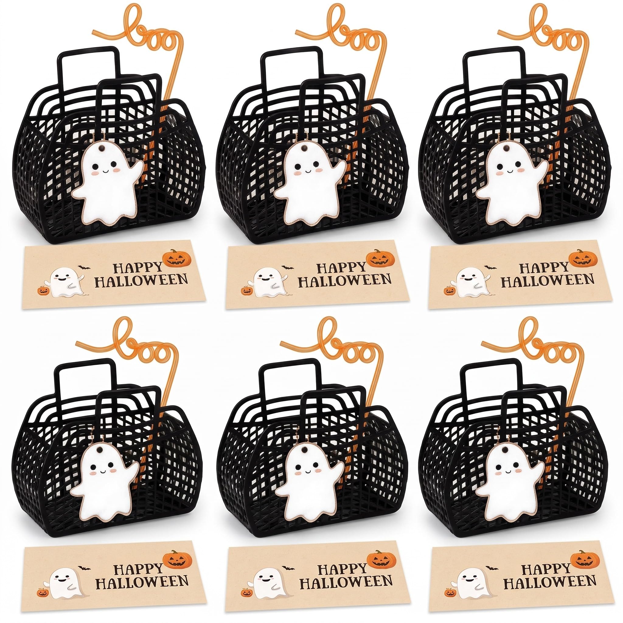 Pinkunn Juego de 6 cestas de Halloween con diseño de fantasma de Halloween, cubos de gelatina con etiquetas de fantasma, pajitas "boo", tarjetas de felicitación, bolsas de regalo de dulces, regalos de