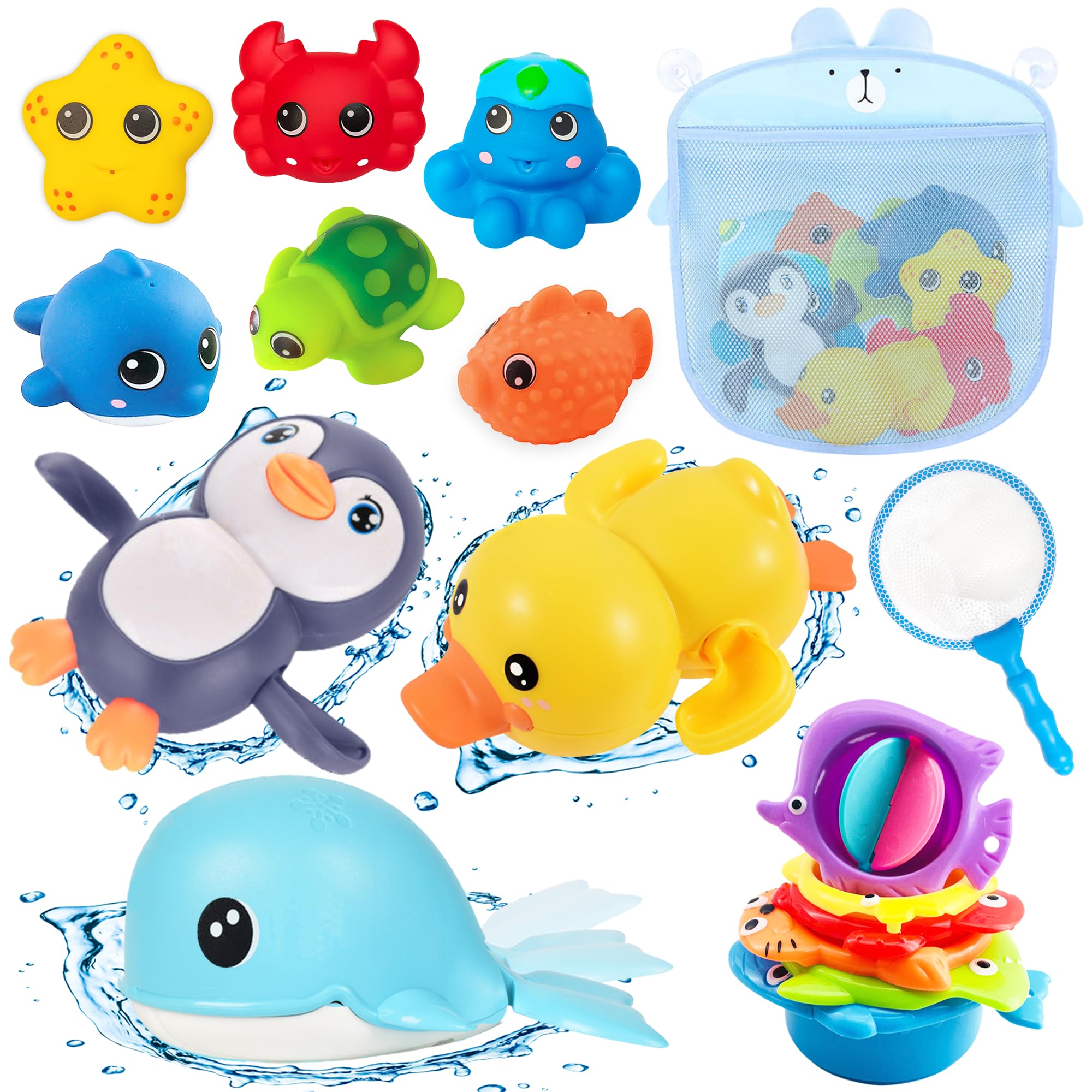 Chennyfun Conjunto Juguetes para Baño, 17 Piezas Baby Bath Toys Incluye Pingüinos, Patos, Ballenas, Pulpos, Estrellas de Mar y Otros Simpáticos Animales para Niños Pequeños de 1, 2, 3, 4, 5, 6 Años
