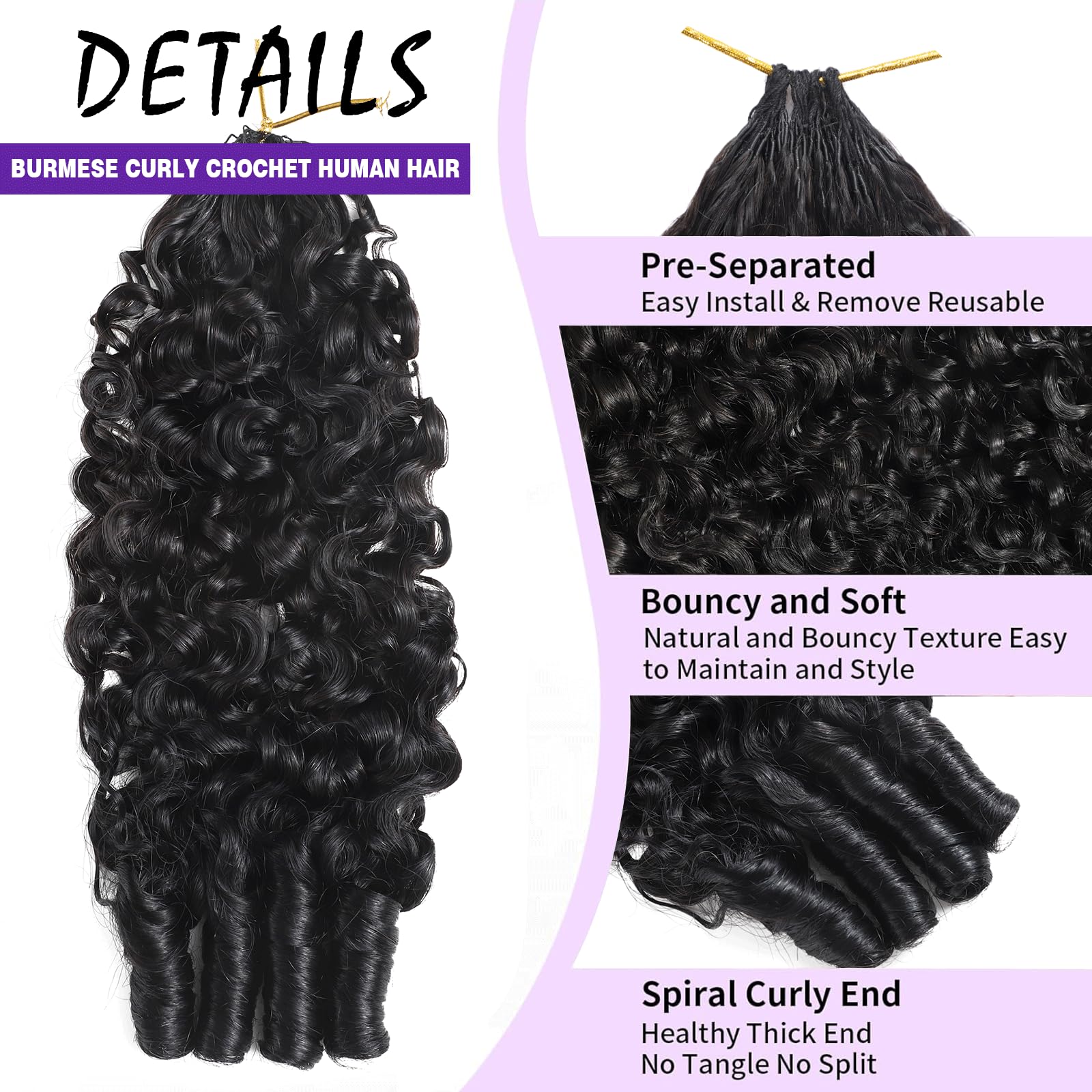 Vallbest Extensions de cheveux humains bouclés au crochet - 40,6 cm - 60 g - Plumes au crochet pré-séparées - Noeuds miraculeux - Pour femme noire
