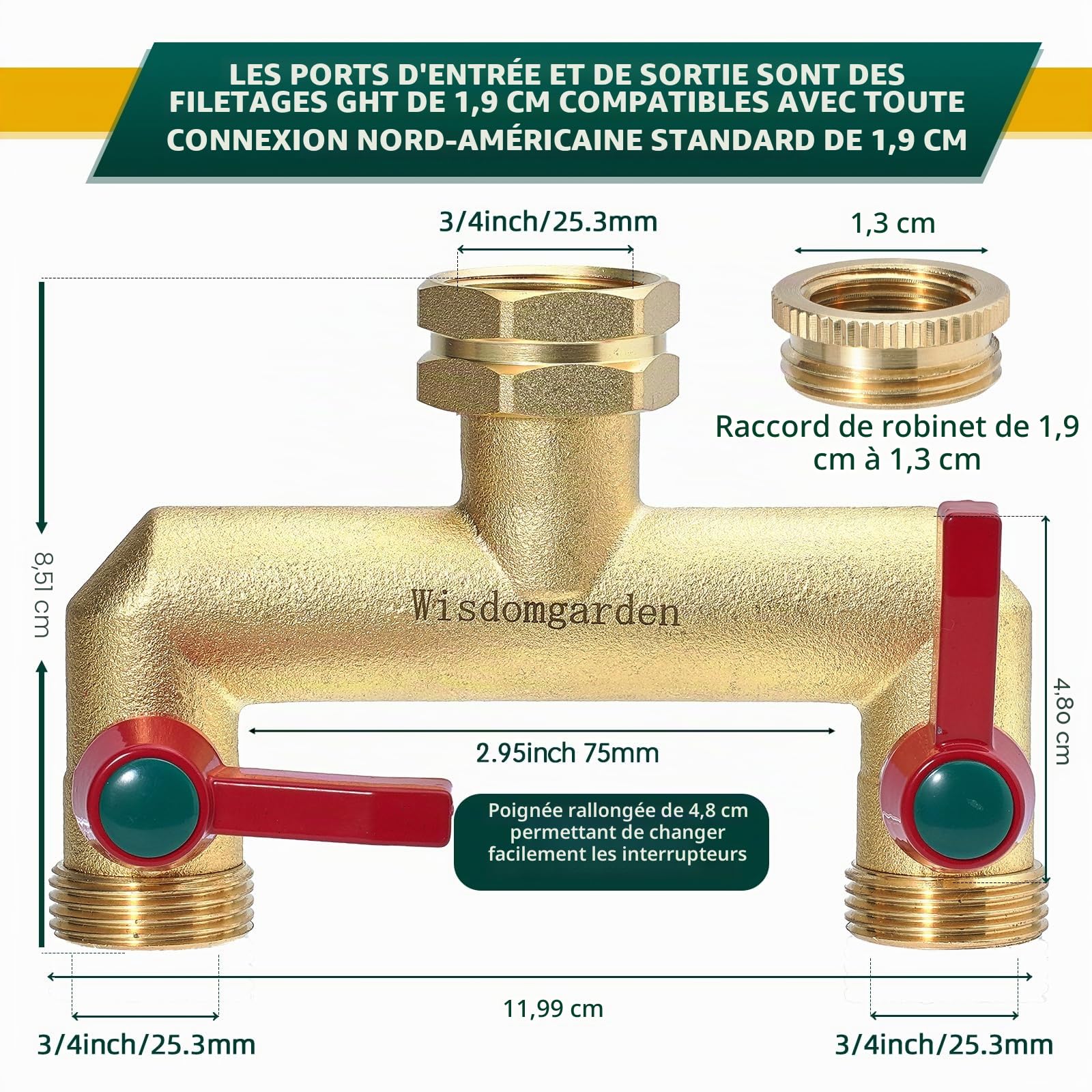 Distributeur 2 voies,Vanne à 2 voies d'eau pour robinet avec filetage de 3/4Pouce,Poignée allongée Facilité d'utilisation,laiton très résistant robuste et durable,avec 1/2Pouce adaptateur