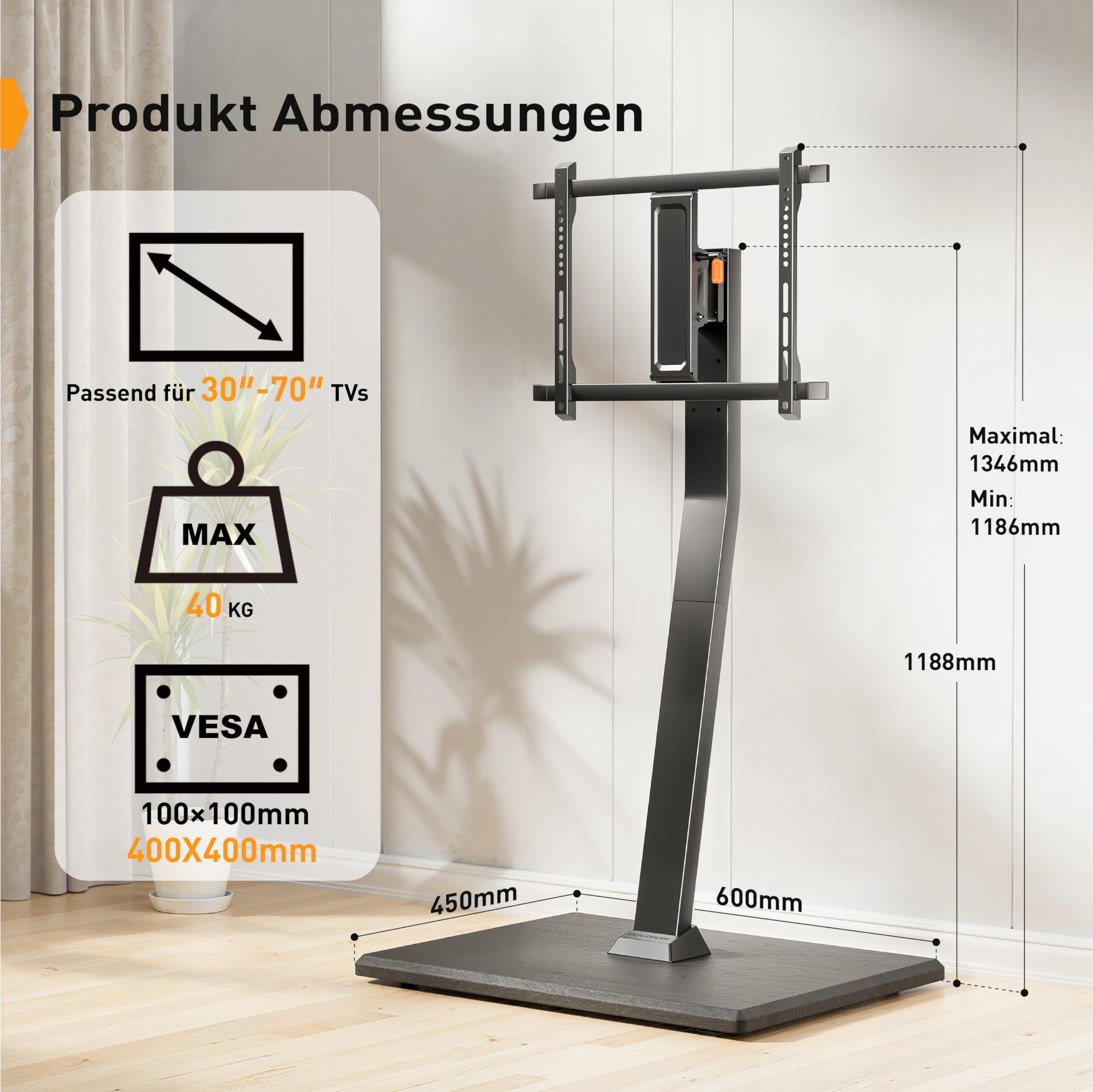 Perlegear Supporto TV da Terra Mobile con Ruote Nascoste, Carrello Inclinabile e Girevole per Schermi 30-70 Pollici fino a 40 kg, VESA 400x400 mm