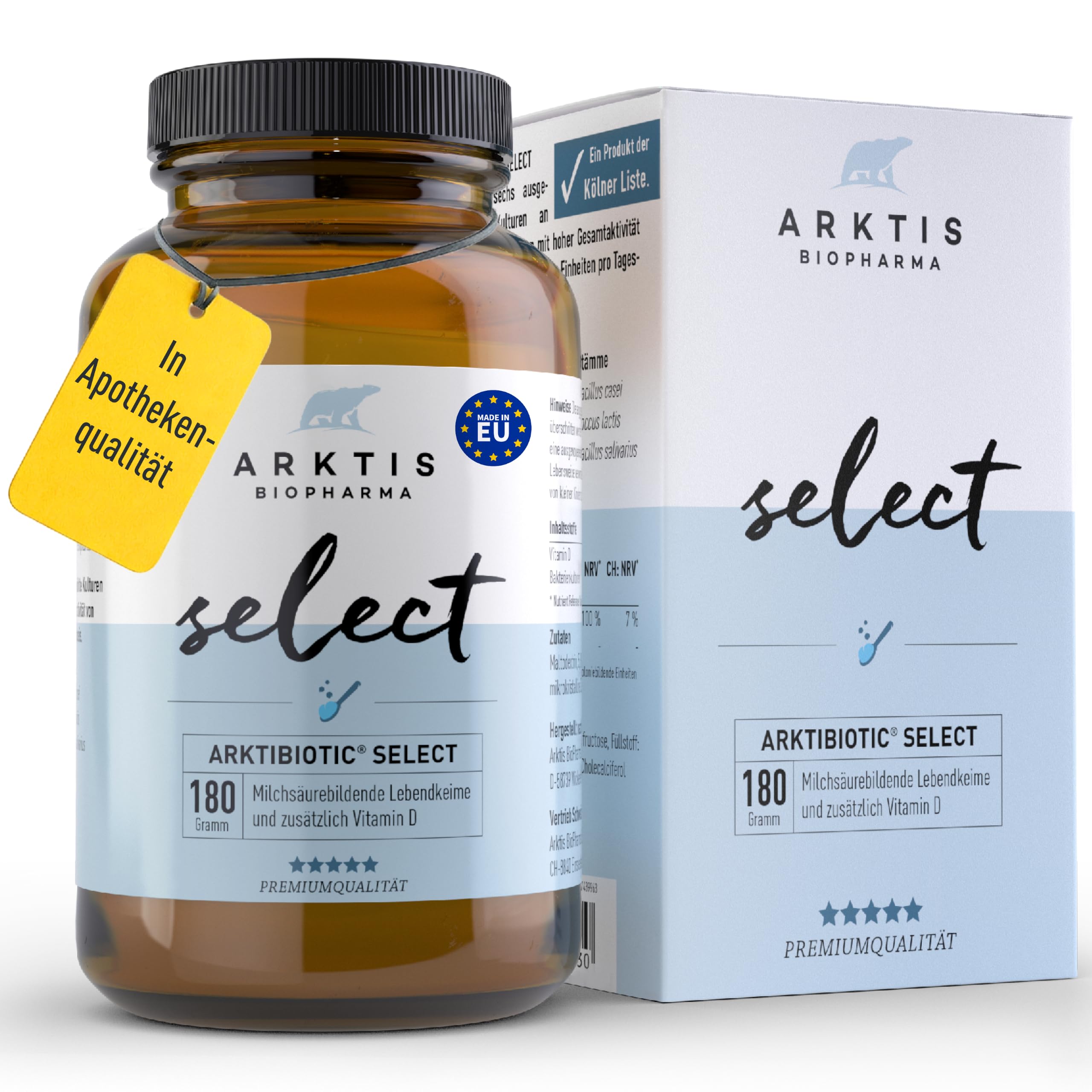 Arktibiotic Select 180g Probiotika mit 6 Lactobacillus-Kulturen + Vit D | Milchsäurebakterien für die Darmkur nach Antibiotika-Therapie