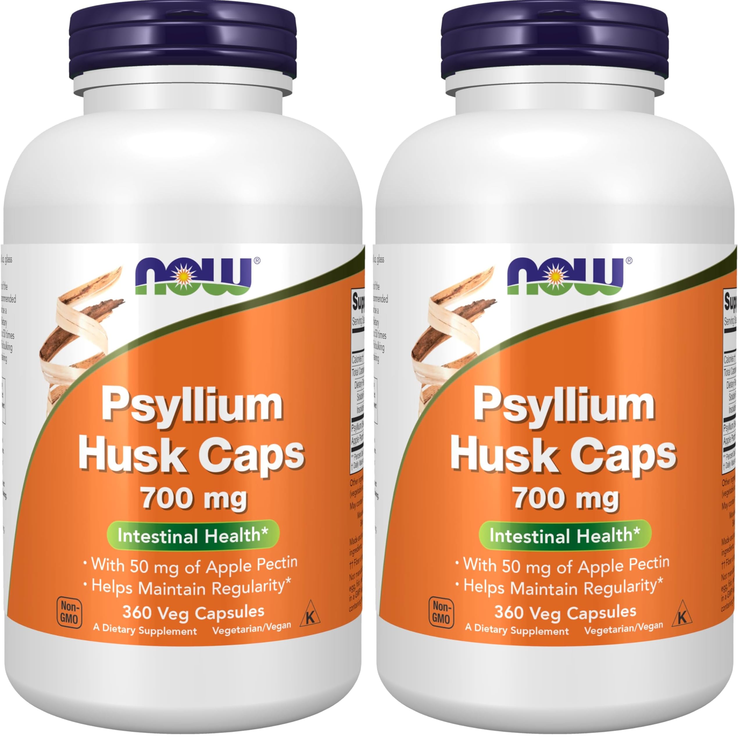 NOW Foods Supplements,Psyllium Husk Caps 700 mg with 50 mg of Apple Pectin,Intestinal Health*,360 Veg Capsules,(Pack of 2) Unflavored 360 Count (Pack of 2)