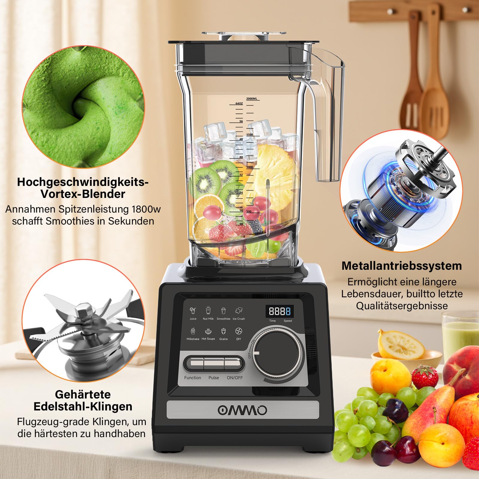 OMMO 2L Standmixer Hochleistungsmixer, Mixer Smoothie Maker mit 9 Geschwindigkeitssteuerungen für Eisbrechen, Milkshakes, Gefriergetränke und Obst, Max 1800W, BPA Frei