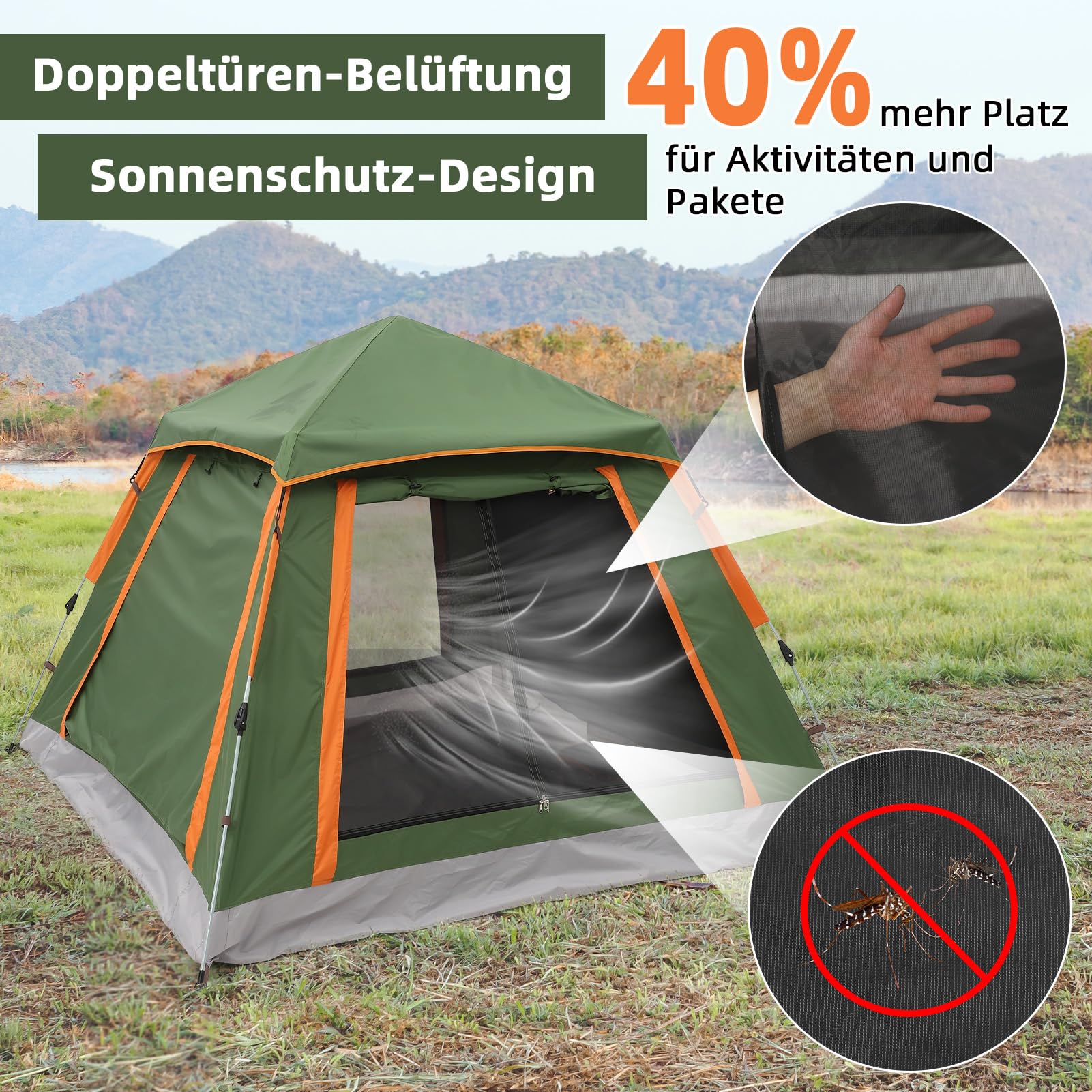HAUSPROFI Camping Zelt 2-3 Personen Pop Up Zelt Automatisches Wurfzelt, Wasserdicht Winddicht mit Vorzelt Fenster, Doppelschicht Kuppelzelt 4 Jahreszeiten, Moskitoschutz für Familien Camping Festival