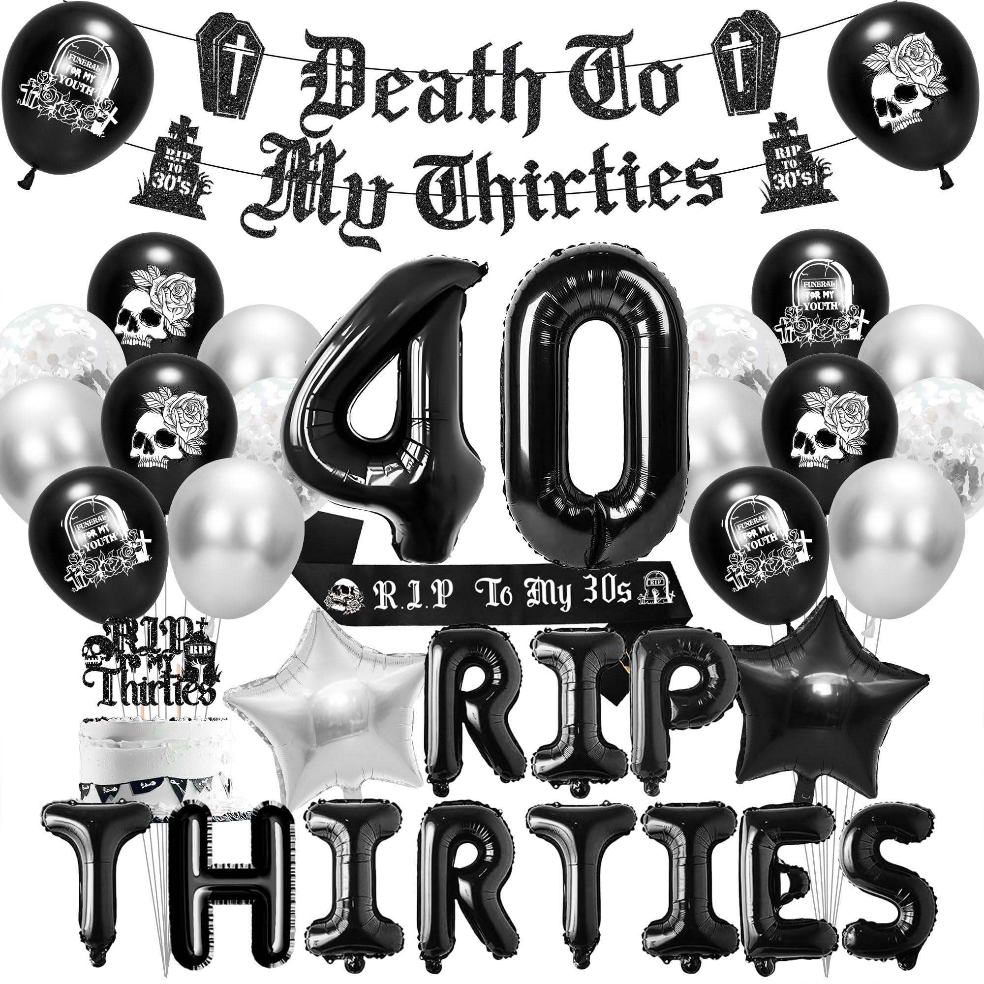 Death to My 30s Decorations, Rip to My 30s Party Supplies Set with Banner Sash Cake Topper Balloons, 40th Birthday Gothic Theme Party Decor for Women