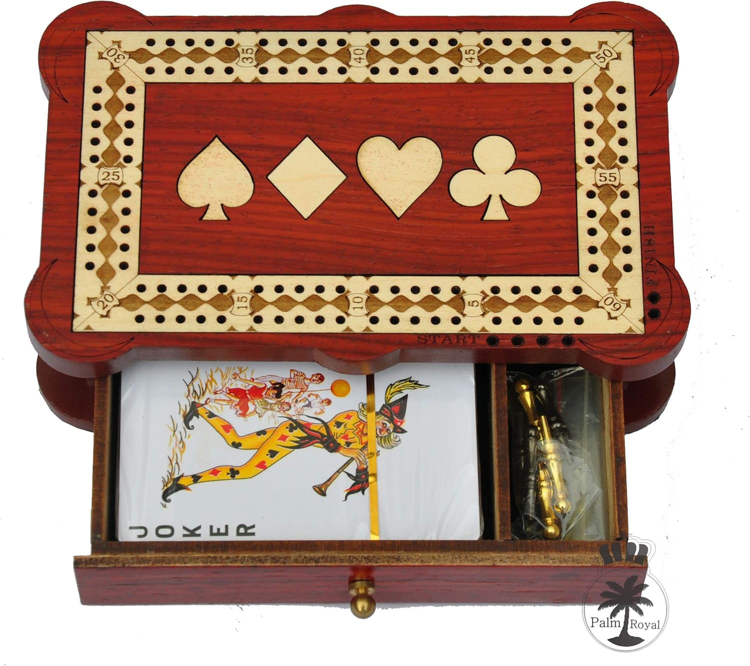 PALM ROYAL HANDICRAFTS 2 Track Wooden Cribbage Board Game Set with pegs and Cards Made of Bloodwood and Maplewood Storage Available. Size (6.5" x 4")