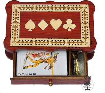 PALM ROYAL HANDICRAFTS 2 Track Wooden Cribbage Board Game Set with pegs and Cards Made of Bloodwood and Maplewood Storage Available. Size 6.5" x 4"