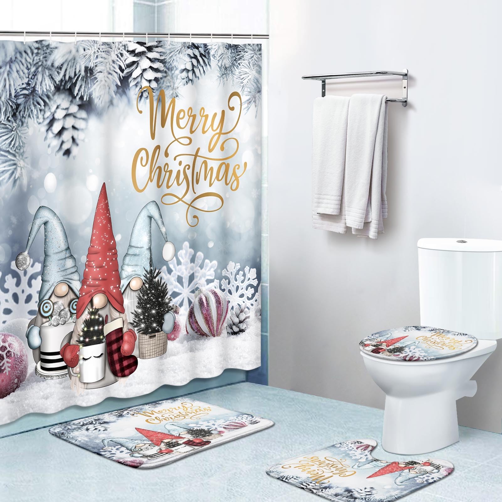 Amazon.com: Bribay 4 Piece Shower Curtain Sets, Gnome Christmas Tree ...