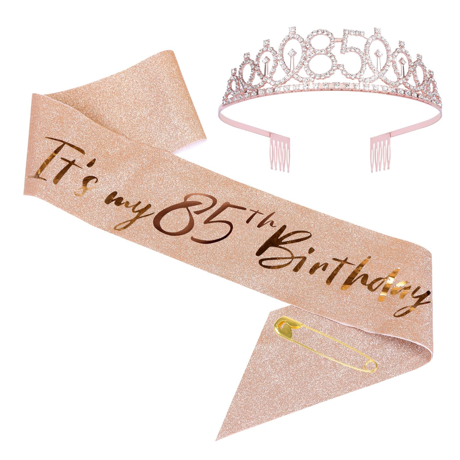 85. Geburtstag Schärpe & Diadem Set – Rotgold, Mit Strass-Krone Und Perlennadel
