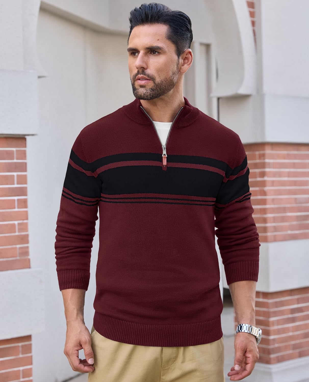 EKLENTSON Men's Quarter Zip Pullover Sweater Striped Knitted Turtleneck Pullover Winter Golf Sweater - Image 4