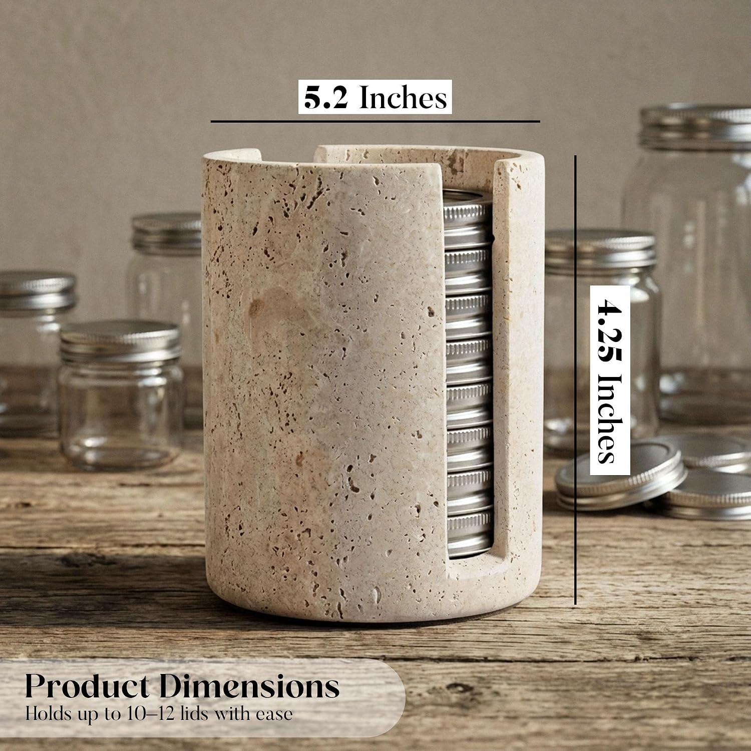 Marble Mason Jar Lid Holder & Organizer, Travertine Stone Storage Rack for Wide Mouth & Regular Mason Jar Lids, Handmade Countertop Lid Dispenser, Farmhouse Home & Kitchen Decor Storage Organizer