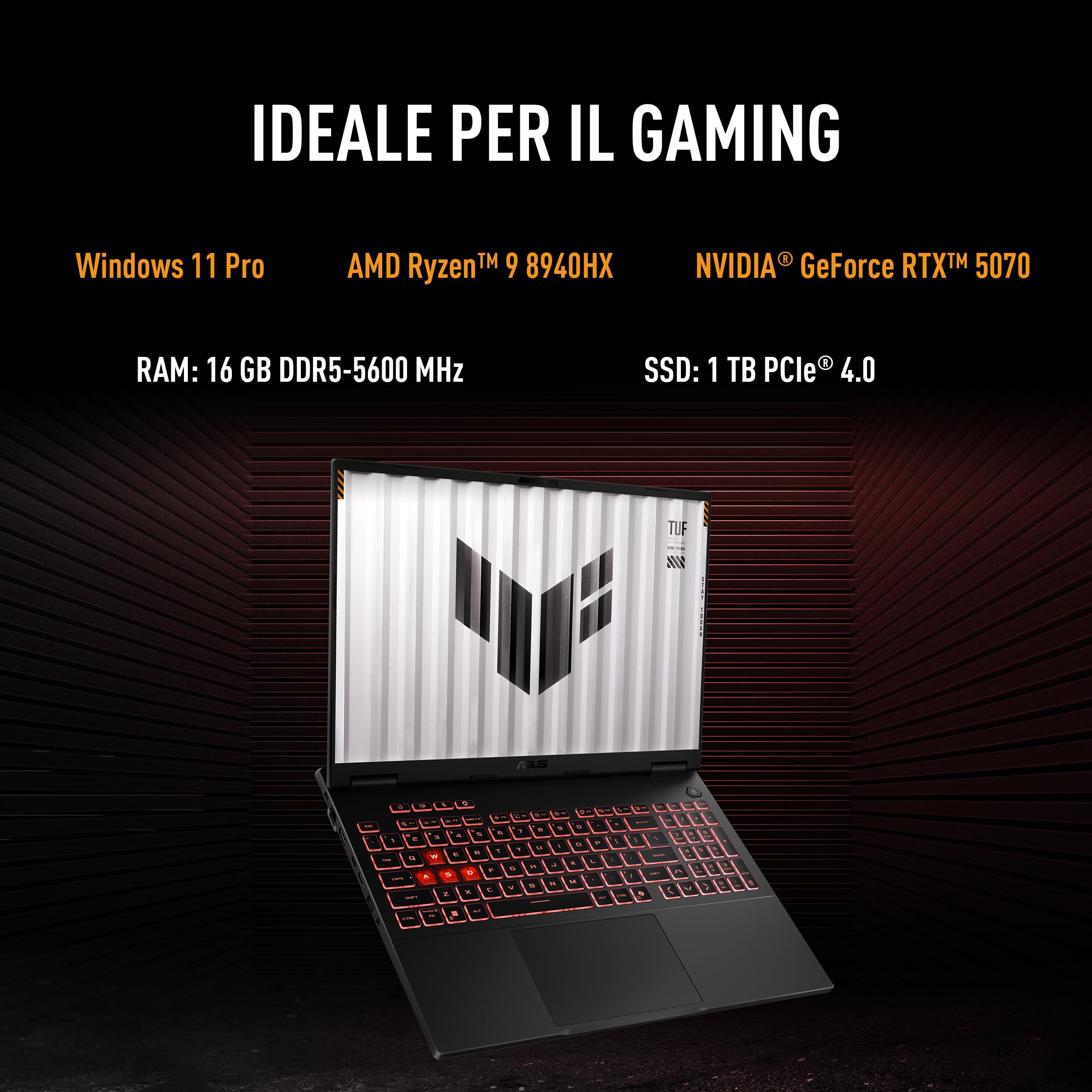 ASUS TUF Gaming A16 FA608UH#B0DYF198SY, Notebook con Monitor da 16" Anti-glare, 165Hz, processore AMD Ryzen™ 7 260, RAM 16GB, 1TB SSD, NVIDIA® GeForce RTX™ 5050 8GB GDDR7, Win11 Home, Grigio