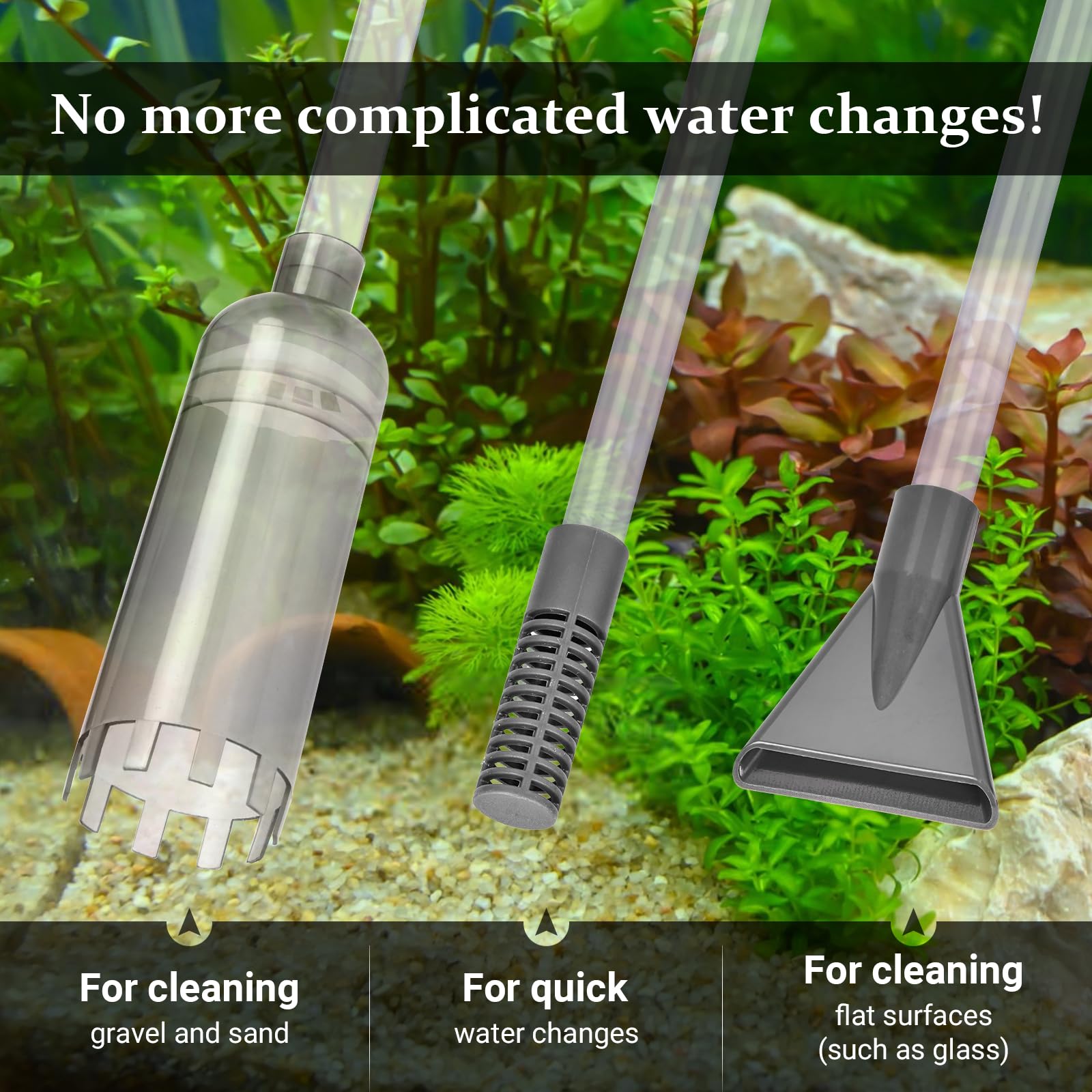 Siphon Aquarium 3 m Tuyau Nettoyeur de Gravier avec Tube Rigide 70 cm, Robinet Marche/Arrêt, Filtre, Buse Bec de Canard, Protection Sable et Support pour Nettoyage Aquarium
