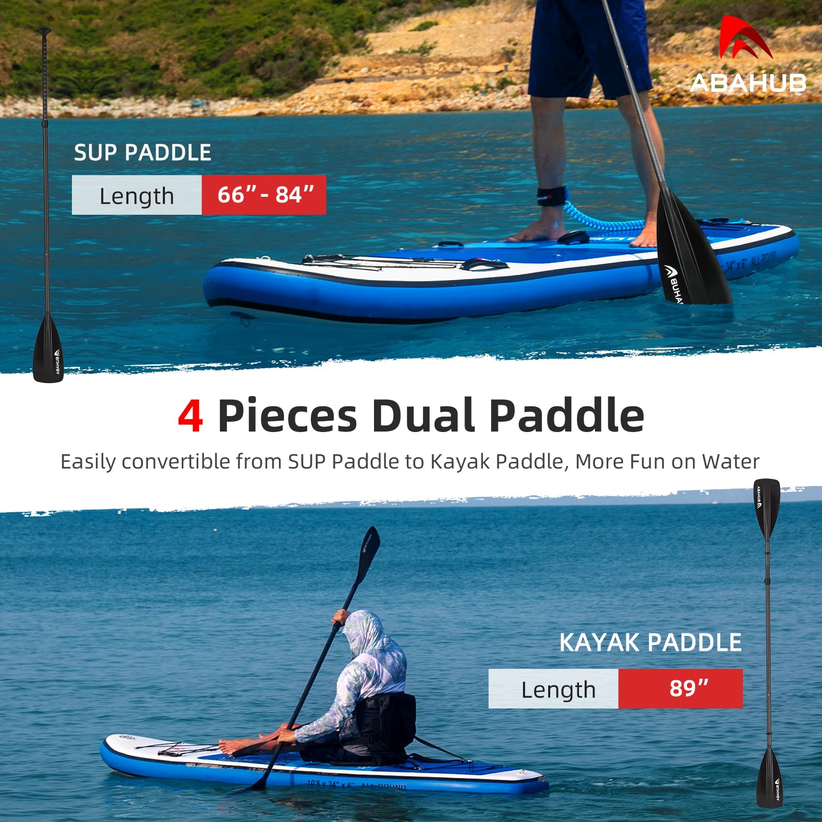 Abahub Carbon Paddle 2 w 1 Kayak Sup Paddle Regulowane wiosło do deski surfingowej Sup, lekki wałek z włókna węglowego Plastikowe ostrze Czarny/Niebieski/Zielony/Szary/Pomarańczowy/Czerwony