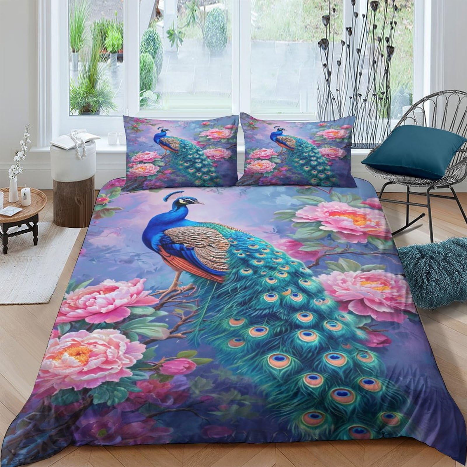 NRAOPEVVD Peacock Duvet Cover Sets 3 PCS Hotel Quality Quilt Cover Bedding Bed Covers with Pillowcases with Zipper Closure Hypoallergenic Soft Breathable Microfiber Double（200x200cm）