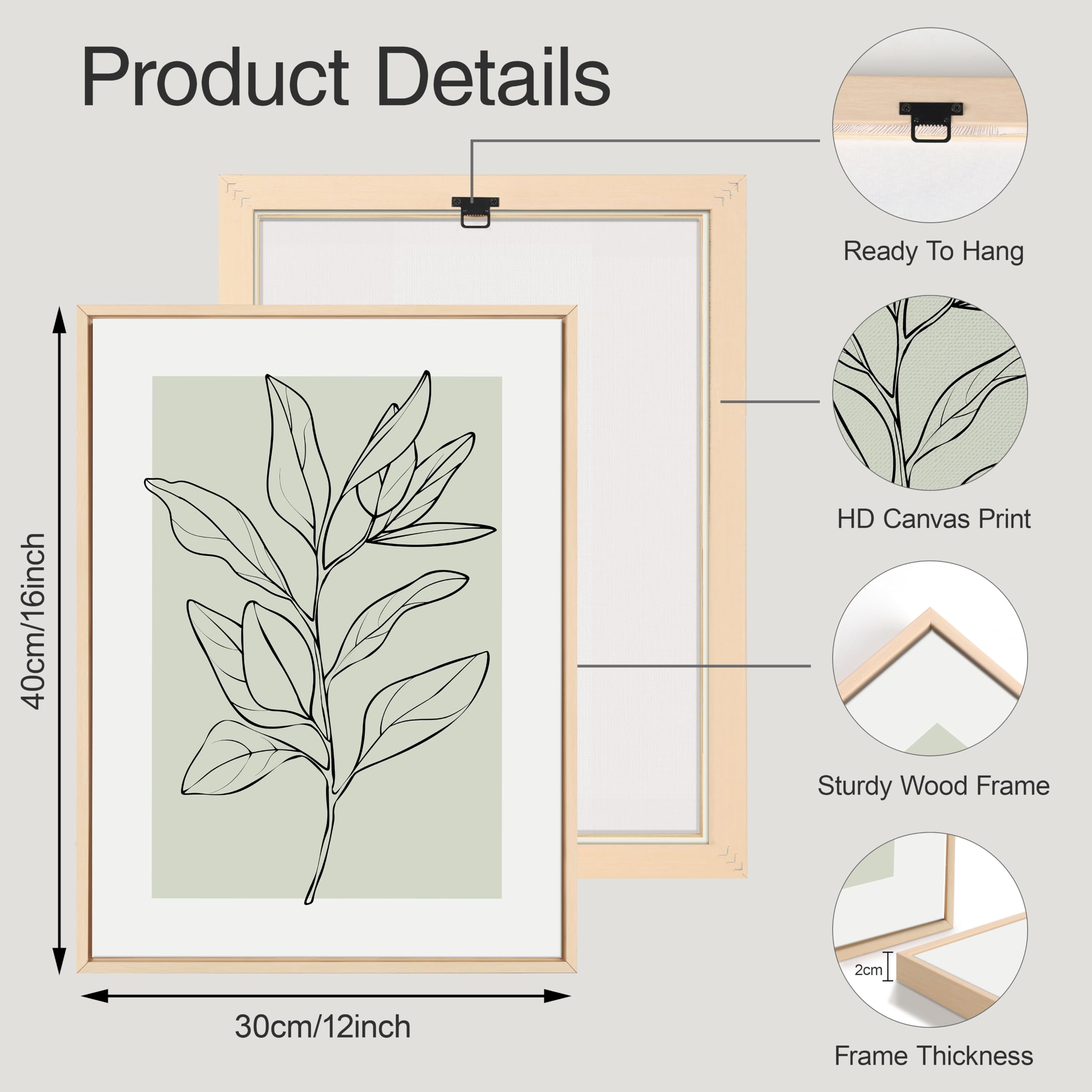WENGTIAO Leinwand Bilder mit Rahmen, Boho Abstrakte Botanik Wandbilder | Salbeigrün Schwarz Neutrale Abstrakte Pflanzen Kunstdrucke auf Leinwand für Modern Wohnzimmer Schlafzimmer Wanddeko 30x40cmx3