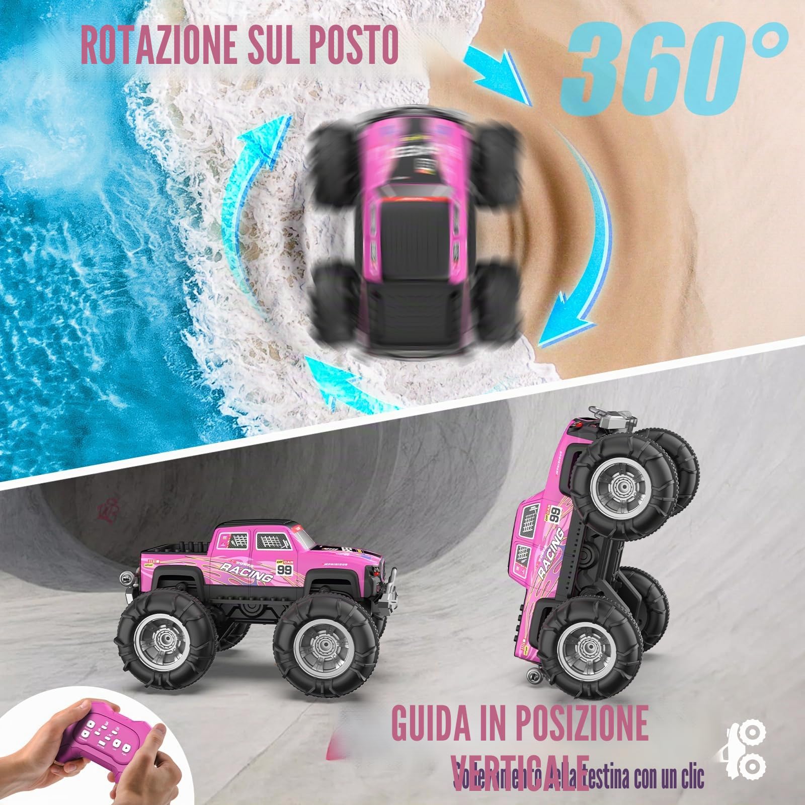 Macchina Telecomandata Anfibio, 2,4 GHZ 1:18 Monster Truck Telecomandato con Sensore Gestuale, 4WD 8,5 KM/H Macchina Radiocomandata con Luce LED e 2 Batterie Auto RC Regali per Ragazzi Ragazze