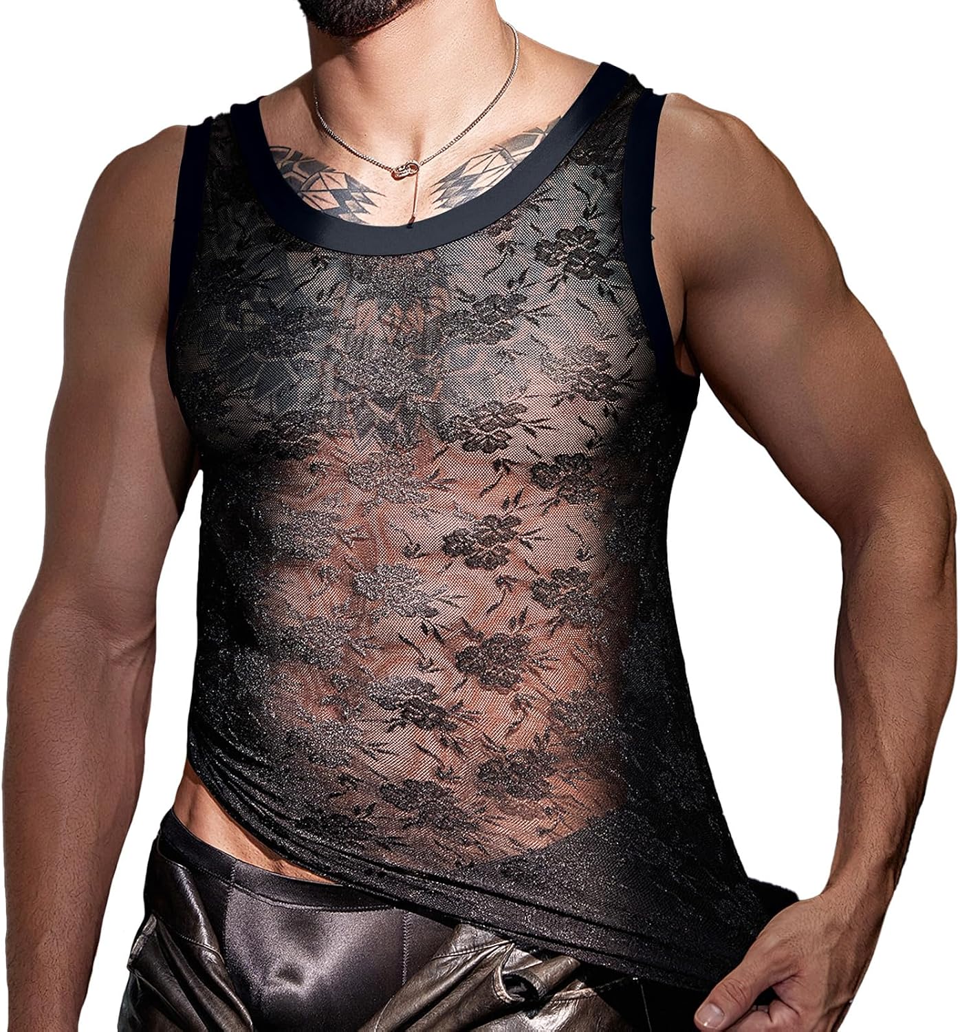 SEAUR Men's Lace Tank Top Sexy Sleeveless Sheer T Shirt Crew Neck Vest See Through Floral Nightclub Party Undershirt