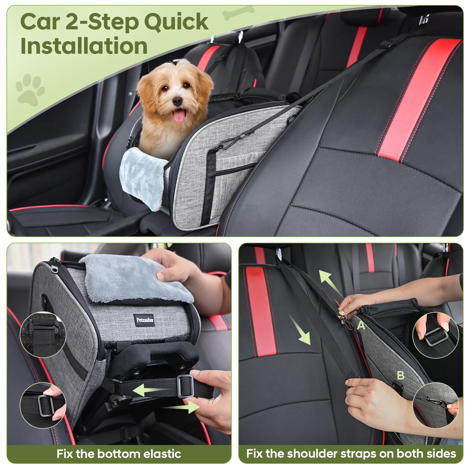 Hundeautositz für Kleine Hunde – Hunde Autositz für Mittelkonsole, Tragbarer Hundesitz mit Doppeltem Sicherheitsgurt und Rutschfester Unterseite, Waschbarem Kissen, Lagerungstasche, Grau
