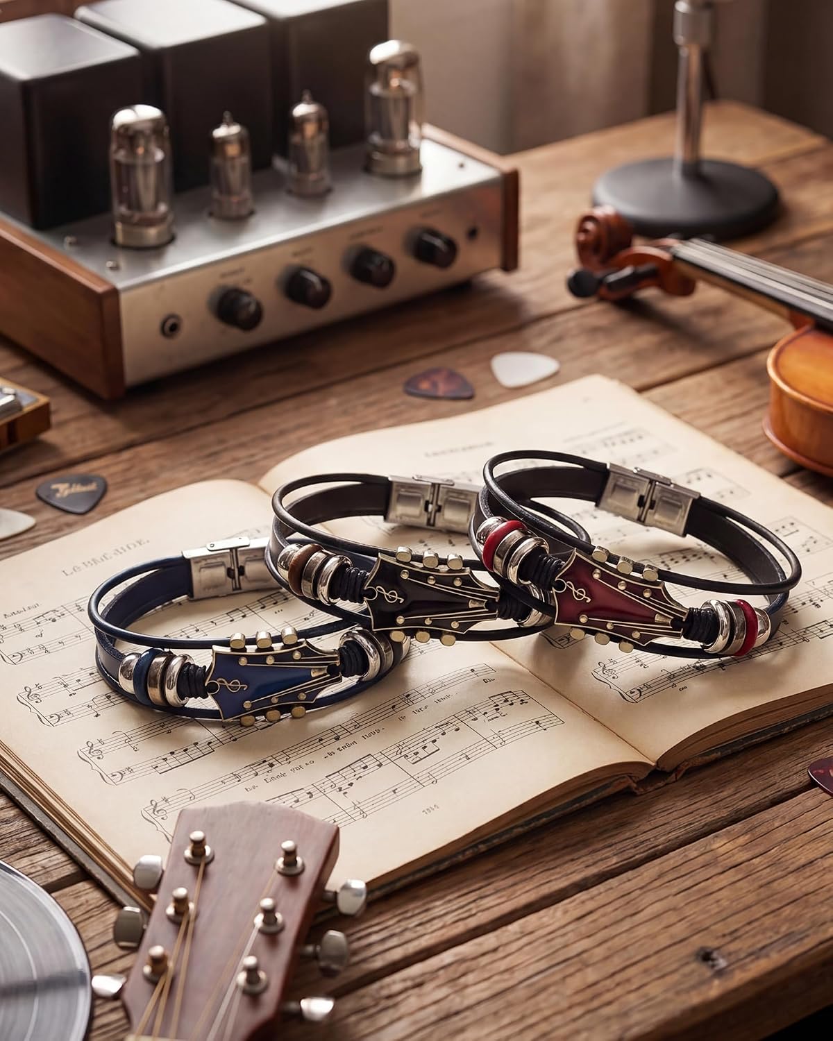 3 Pcs Guitar Bracelets for Men Women Retro Handmade Braided Guitar Leather Wrap Bracelets Unique Rock Music Wristbands Punk Hip Hop Style Jewelry Accessories Gifts
