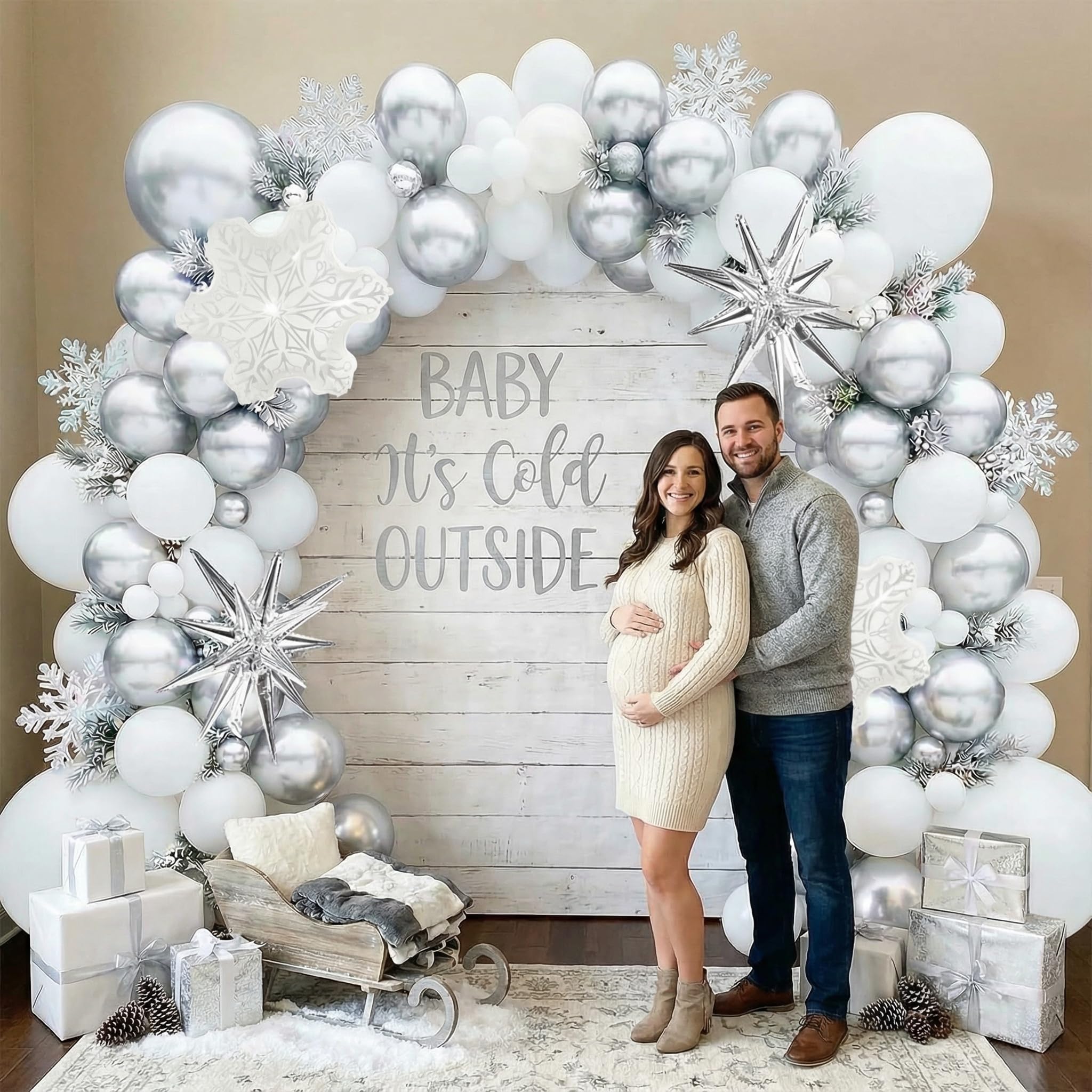 PartyXpress Kit de guirnalda de arco de globos de invierno de 135 piezas con globos de estrella de copo de nieve blanco y plateado para fondo de Año Nuevo 2026, fiesta de bebé, baby shower