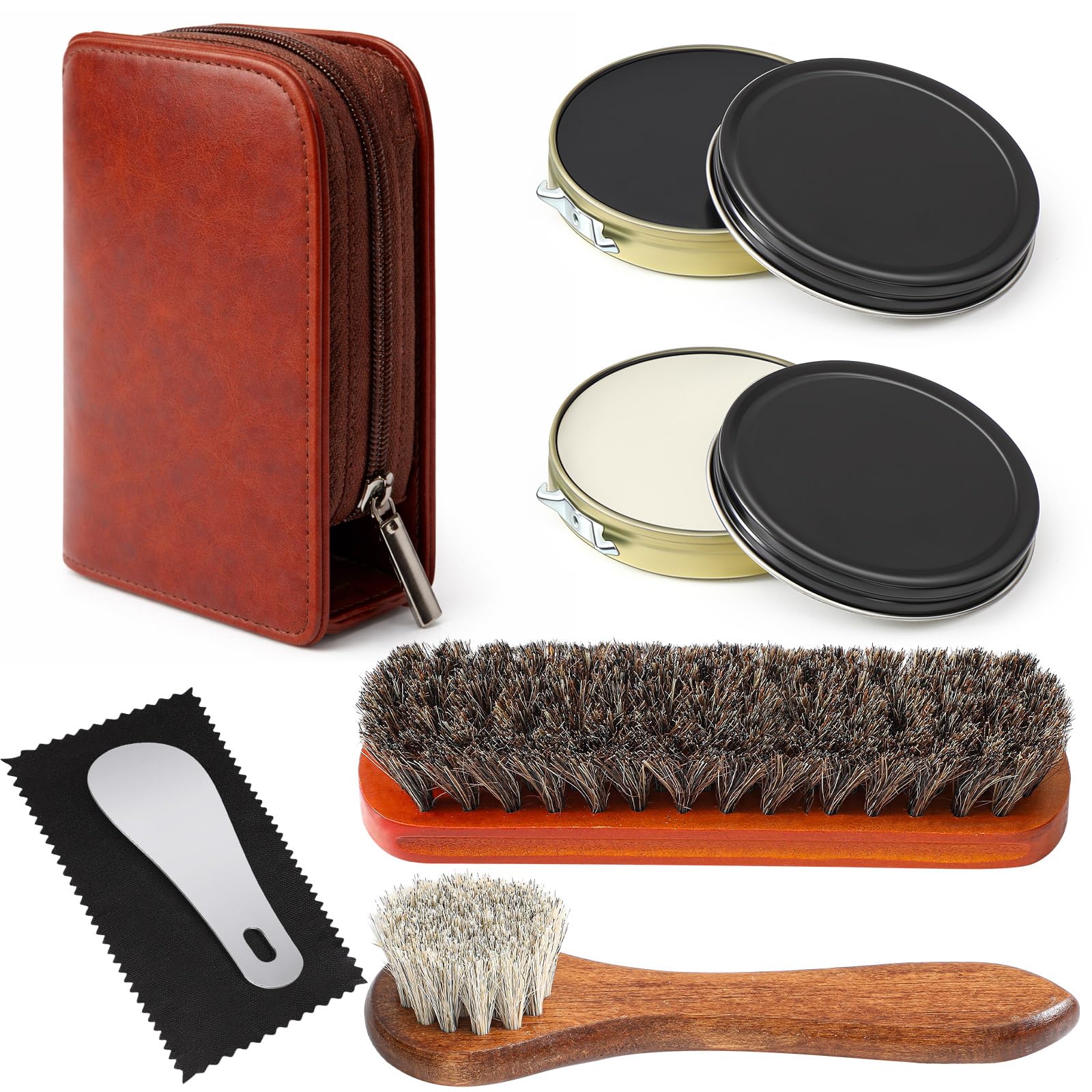 Kit de esmalte de zapatos para hombre, 7 piezas, kit de brillo de zapatos negro, kit portátil de cuidado de botas de cuero para limpieza con bolsa de almacenamiento de poliuretano