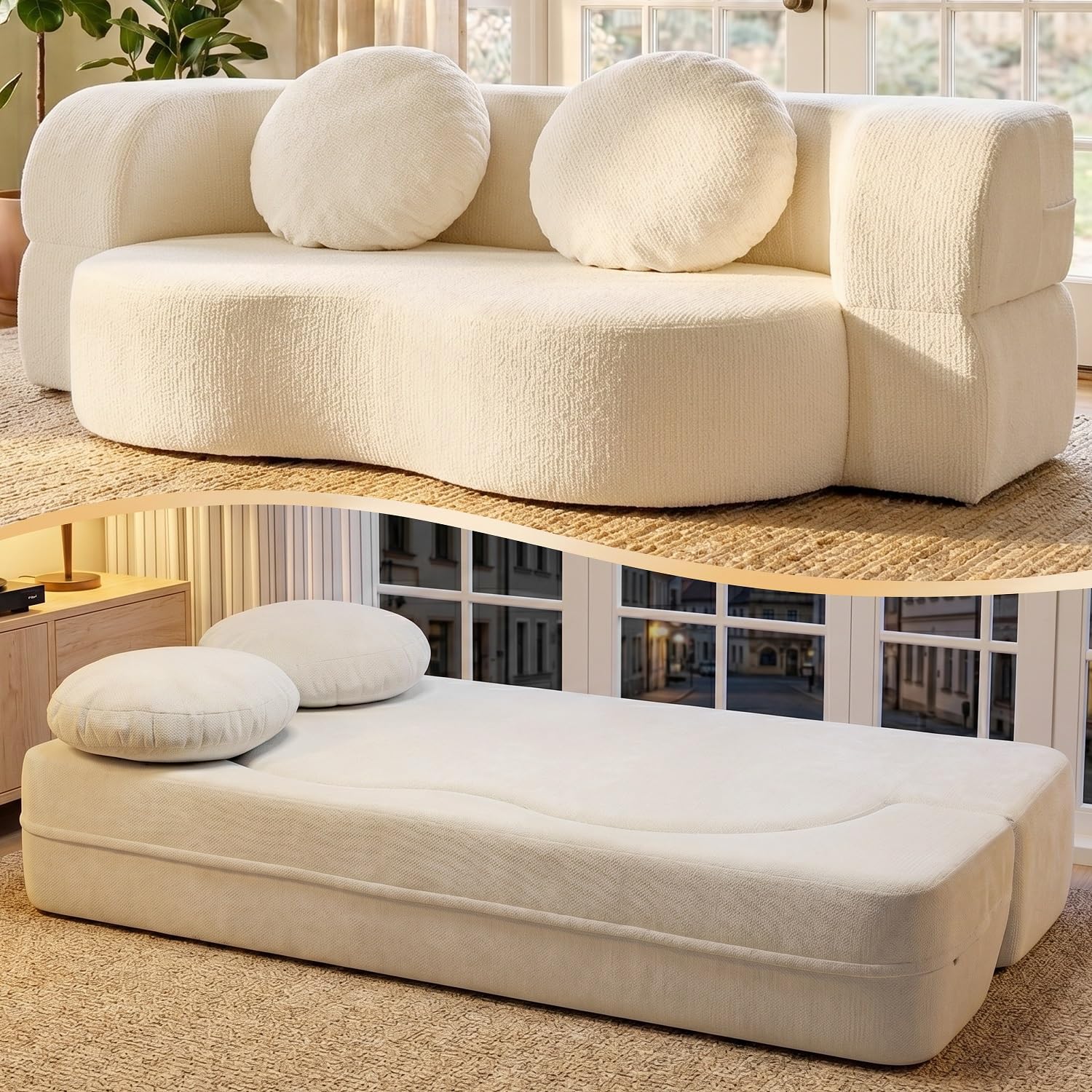 Shintenchi 78" Convertible Sofa Bed, Sleeper Boneless Futon Sofa, White | 2-in-1 Loveseat Floor Couch, Full Size Foldable Guest Bed, with 2 Pillows, Memory Foam, for Living Room Bedroom, No Assembly